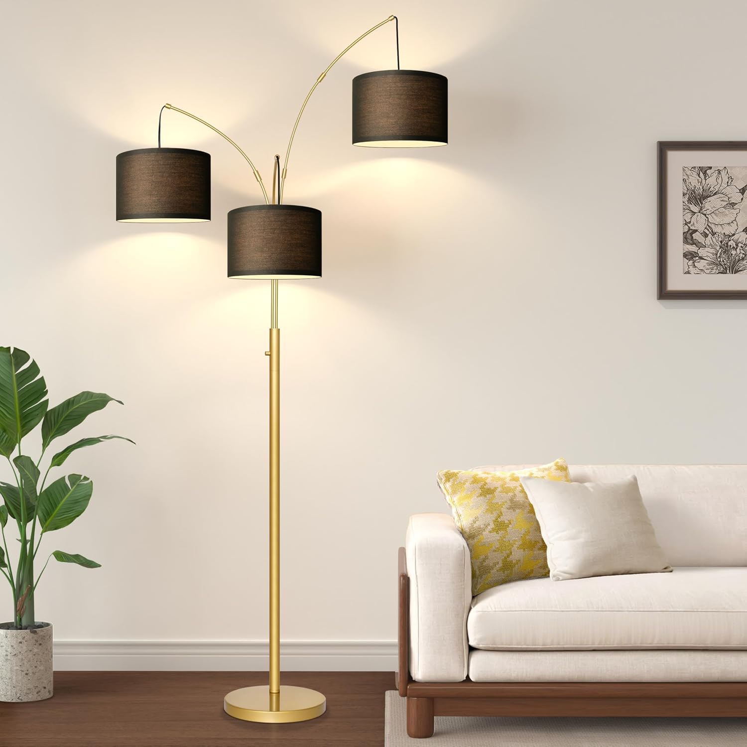 Nintiue Dimmable Floor Lamp - 3 Lights Gold Floor Lamps for Living Room with Black Shades & Heavy Base, Mid Century Tree Floor Lamp for…