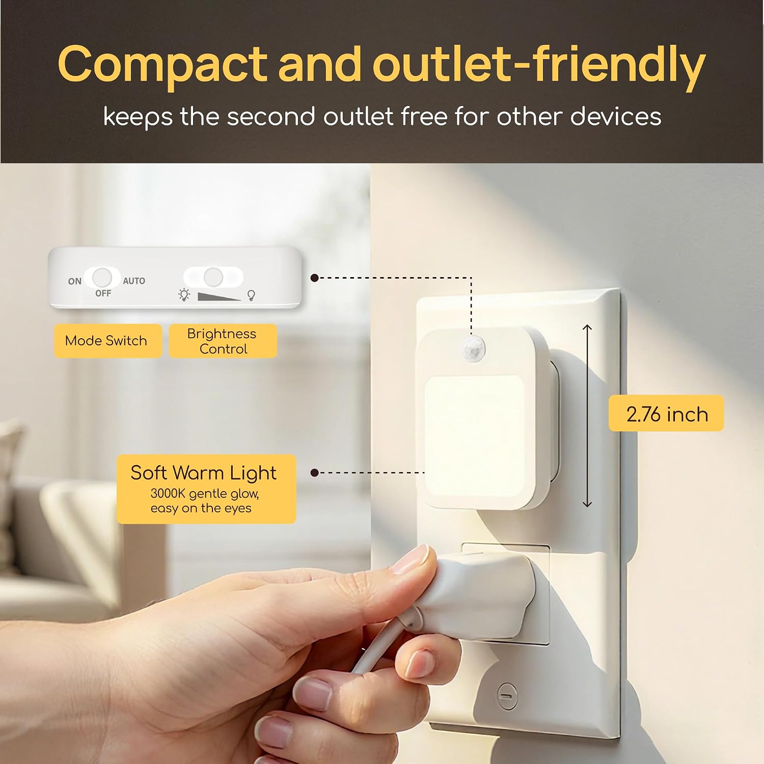 Plug-in Night Light with Motion Sensor, Dusk-to-Dawn Light Sensor, Stepless Dimming LED Night Lights for Bedroom, Hallway, Bathroom, Kids…
