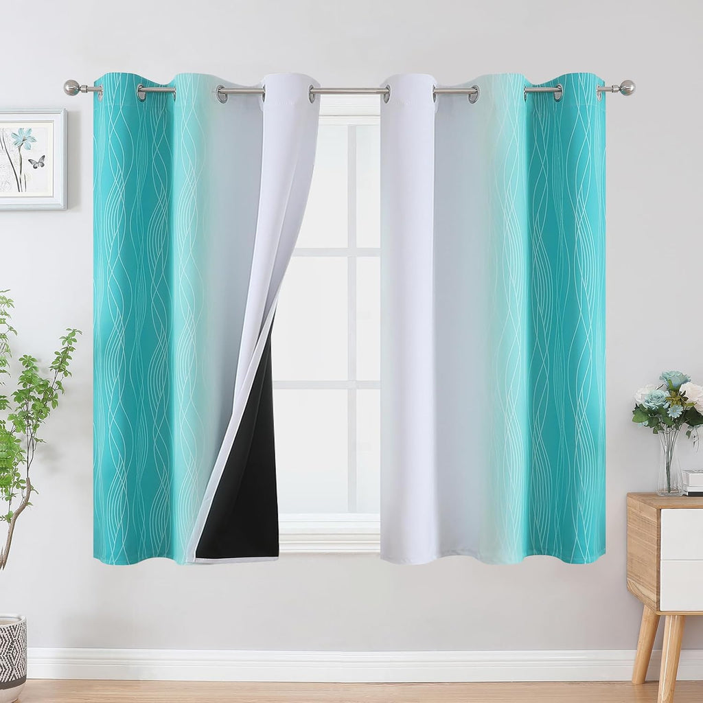 Estelartextiler Estelar Textiler Teal and Greyish White Blackout Curtains 54 Inch Length, Light Blocking Gradient Grommet Drapes for Living…