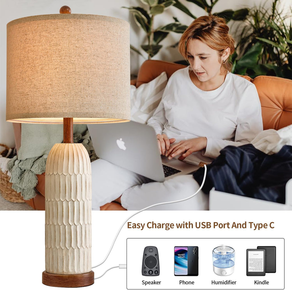 OYEARS 26.5" Bedside Table Lamps Set of 2, Farmhouse Table Lamp with USB A+C Charging Ports, Vintage Nightstand Lamp for Bedrooms and…