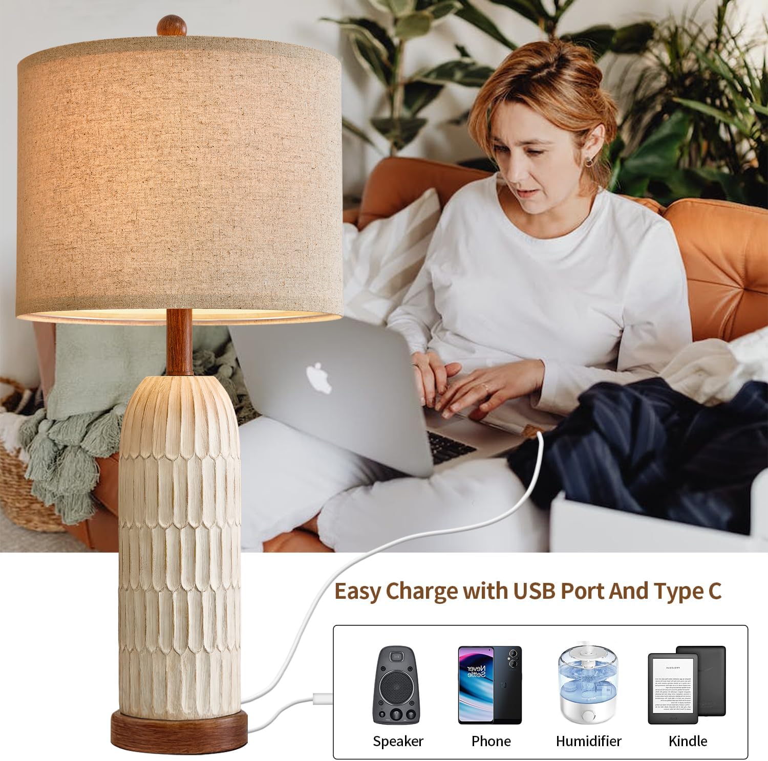OYEARS 26.5" Bedside Table Lamps Set of 2, Farmhouse Table Lamp with USB A+C Charging Ports, Vintage Nightstand Lamp for Bedrooms and…
