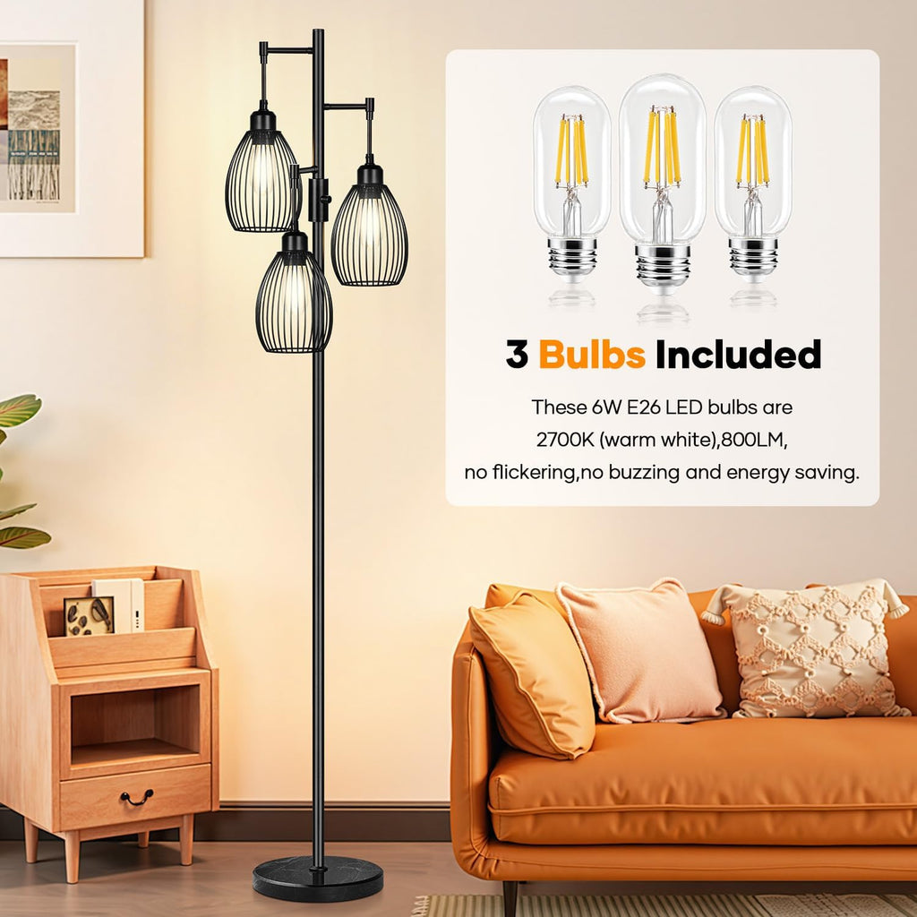 Dimmable Floor Lamp,3x800LM LED Bulbs Included, Farmhouse Industrial Floor Lamp Standing Tree Lamp with Teardrop Cage Head Tall Lamp for…