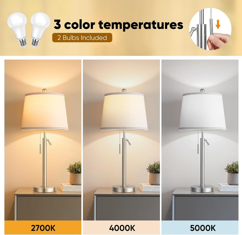 Bedside Table Lamps Set of 2, Tall Silver Table Lamps for Living Room, Height Adjustable Nightstand Lamps for Bedroom, Modern Lamps with…