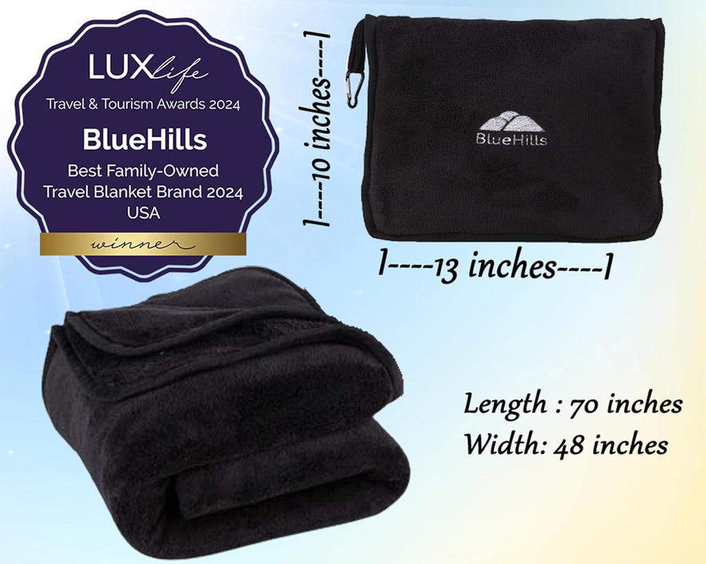 BlueHills Premium Soft Tall Travel Blanket Pillow Airplane Flight Blanket Long Throw in Bag Pillowcase with Backpack Clip Compact Large…