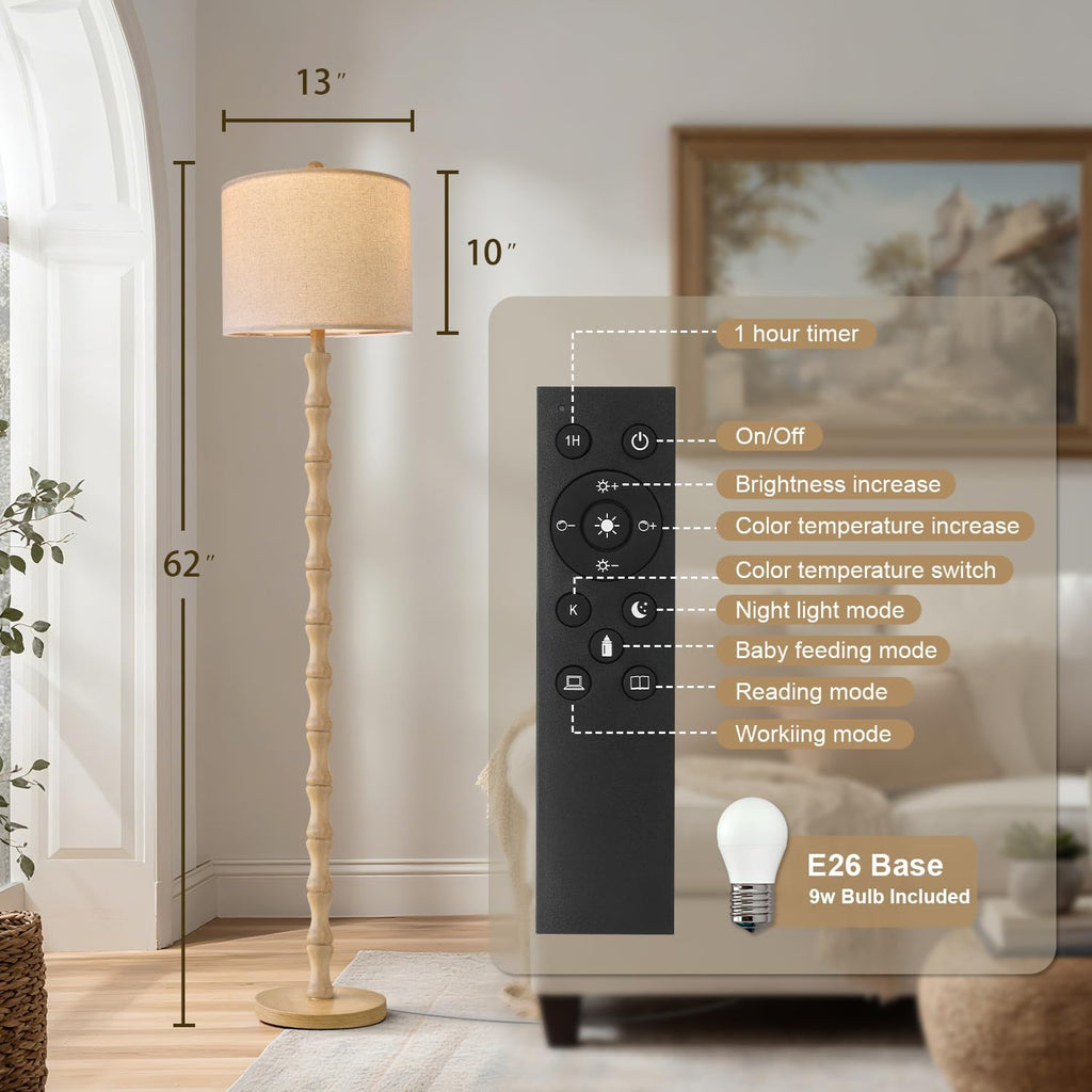 BOBOMOMO 62" Rustic Farmhouse Floor Lamp with Remote & Dimmable 9W Bulb, 3 Color Temperatures Resin Standing Lamp, Retro Corner Tall Lamp…