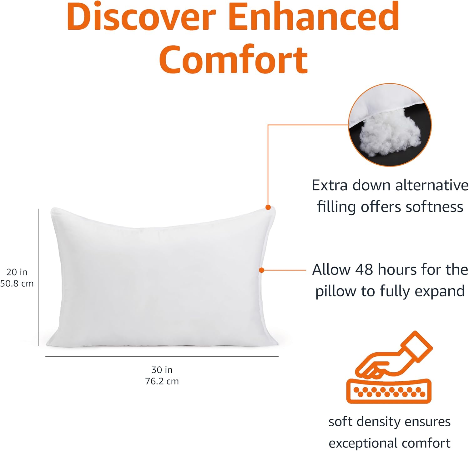 Amazon Basics Down Alternative Pillows for Stomach and Back Sleepers, Soft Density, Queen Size 30" x 20", White, 2-Pack