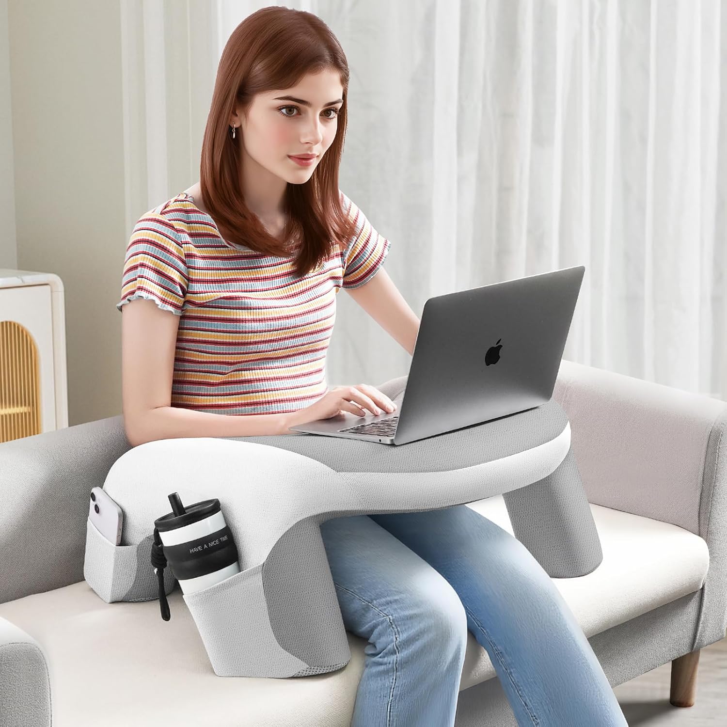 Wogahev Laptop Lap Desk, Reading Pillow for Bed, Memory Foam Arm Rest Support Gaming Pillow with Cup/Phone Pocket, Laptop Lap Desk for Work…