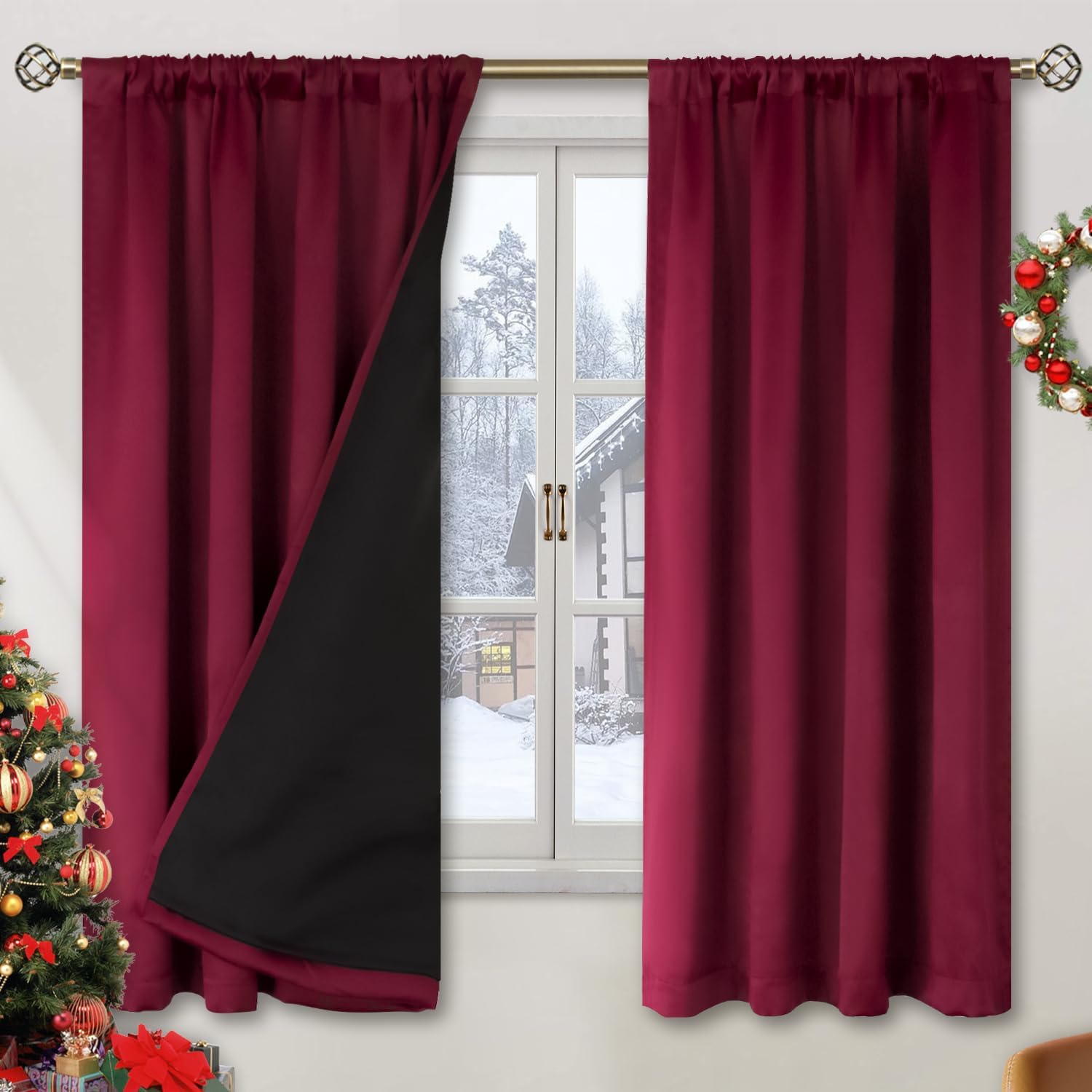 BGment Christmas Red Blackout Curtains for Bedroom 63 Inch Length, Rod Pocket 100% Blackout Curtains with Thermal Liner Decorate Curtains…