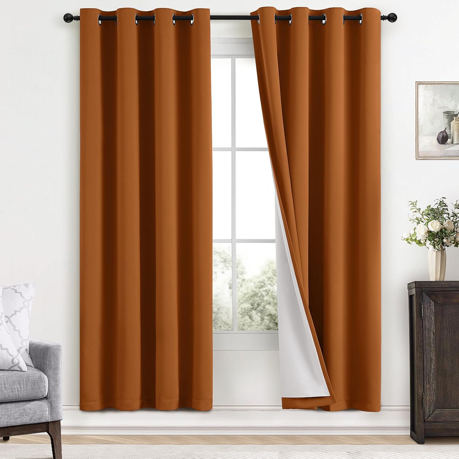 Yakamok Room Darkening 100% Blackout Curtains Grommet Window Treatments with 2 Thick Layers-Burnt Orange Thermal Insulated Drapes Set of 2…