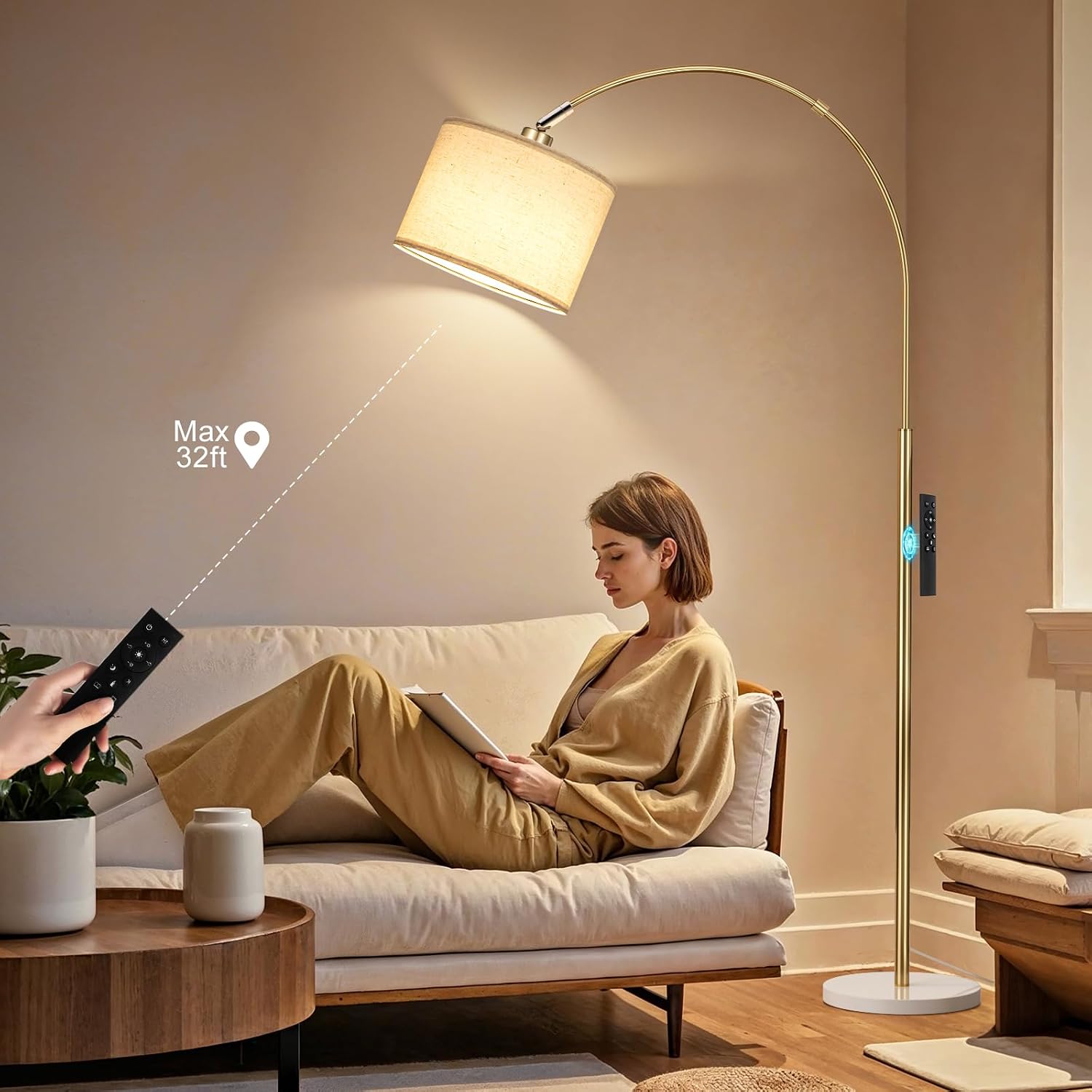 Ambimall Dimmable Arc Floor Lamp with Remote, Color Temperatures and Brightness Adjustable, Arched Floor Lamp with Rotating Head, Over…