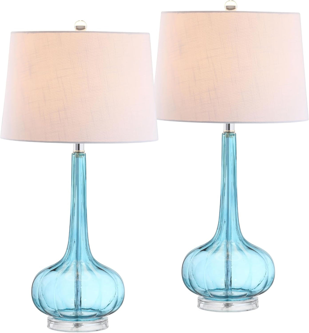 JONATHAN Y 28.5" Aqua Glass Teardrop LED Table Lamp Set of 2 for Living Room Bedroom Nightstand, White Linen Shade Modern Transitional…
