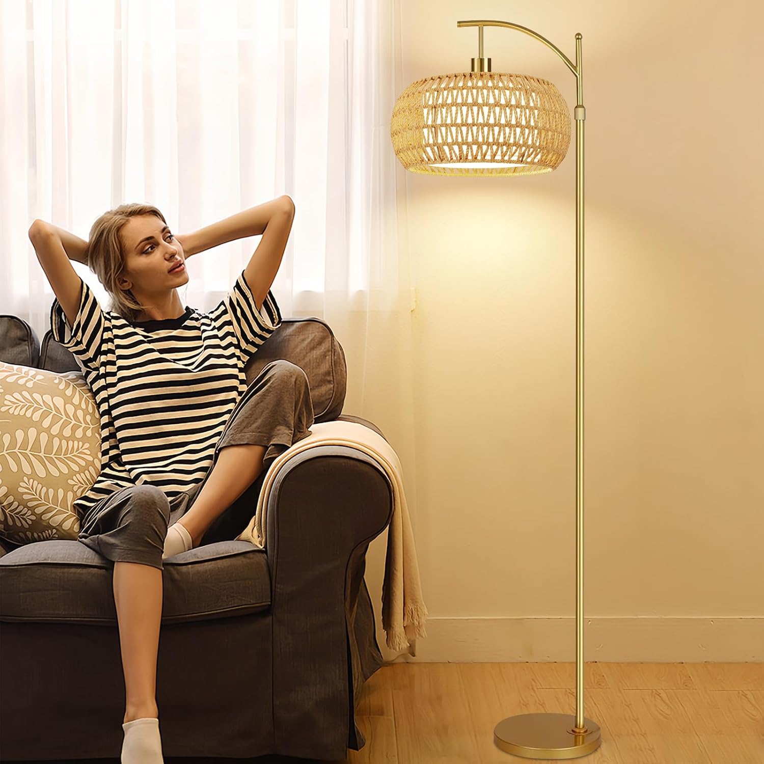 ZECOXOL Gold Floor Lamps for Living Room Rattan Boho Floor Lamp with Remote Control & 3 Color Temperature, Dimmable Arc Floor Lamps Brass…