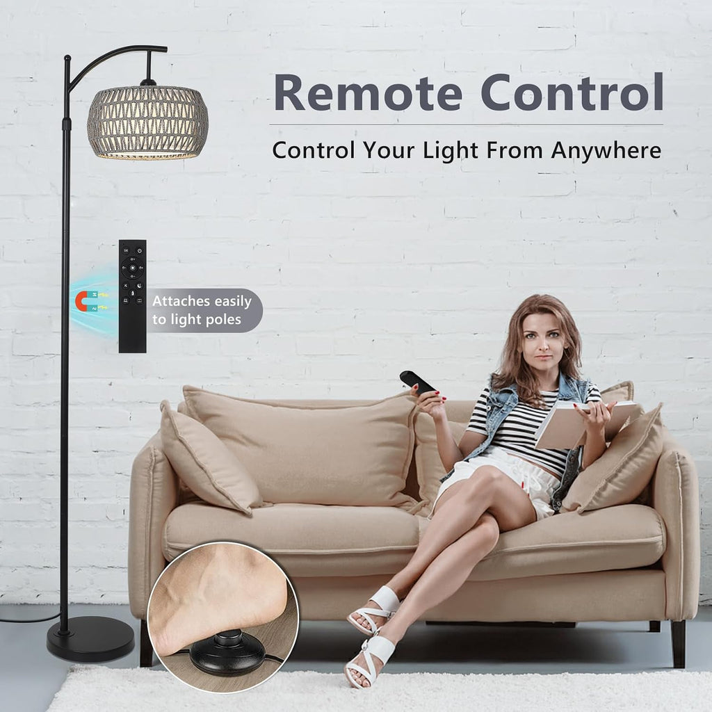 Arc Floor Lamp for Bedroom, Boho Standing Lamp with Remote & LED Smart Bulb, Rattan Floor Lamps for Living Room with 3 Color…
