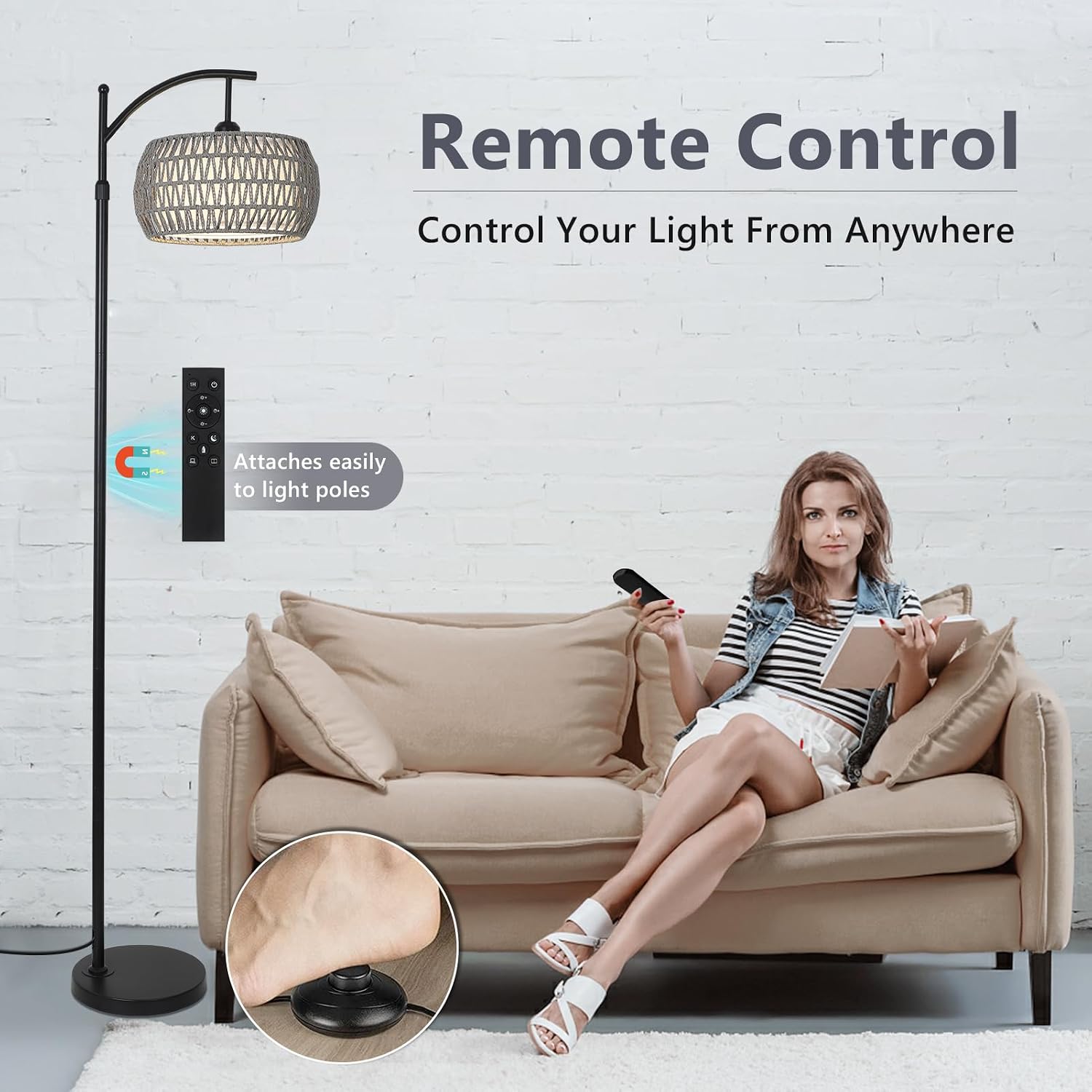 Arc Floor Lamp for Bedroom, Boho Standing Lamp with Remote & LED Smart Bulb, Rattan Floor Lamps for Living Room with 3 Color…