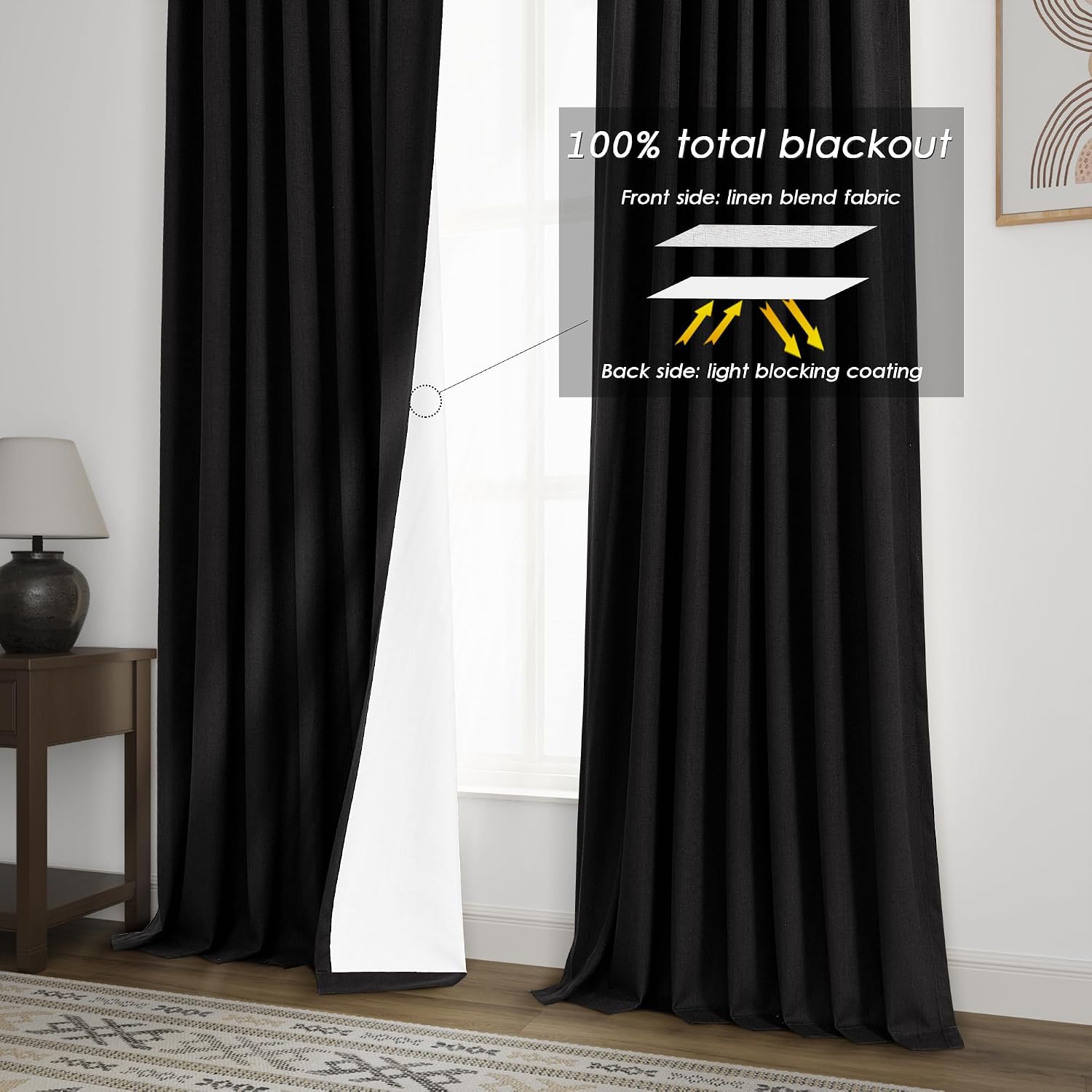Nanspring Black 100% Blackout Linen Curtains 96 Inches Long for Bedroom Back Tab Thermal Insulated Vintage Farmhouse Decor Modern Black Out…
