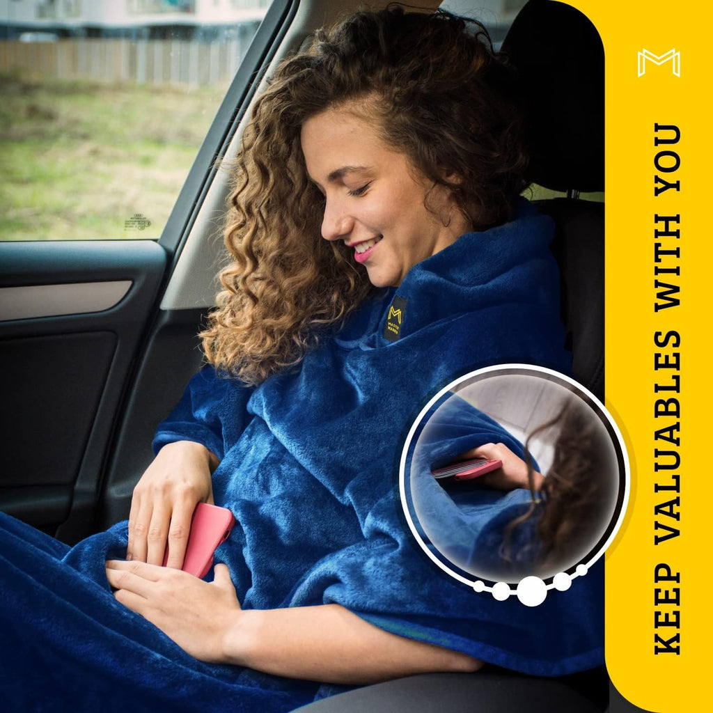 Travel Blanket Airplane Compact with Hoodie – 2in1 Airplane Travel Accessories from Plane Blanket to Travel Pillow with Luggage Strap…