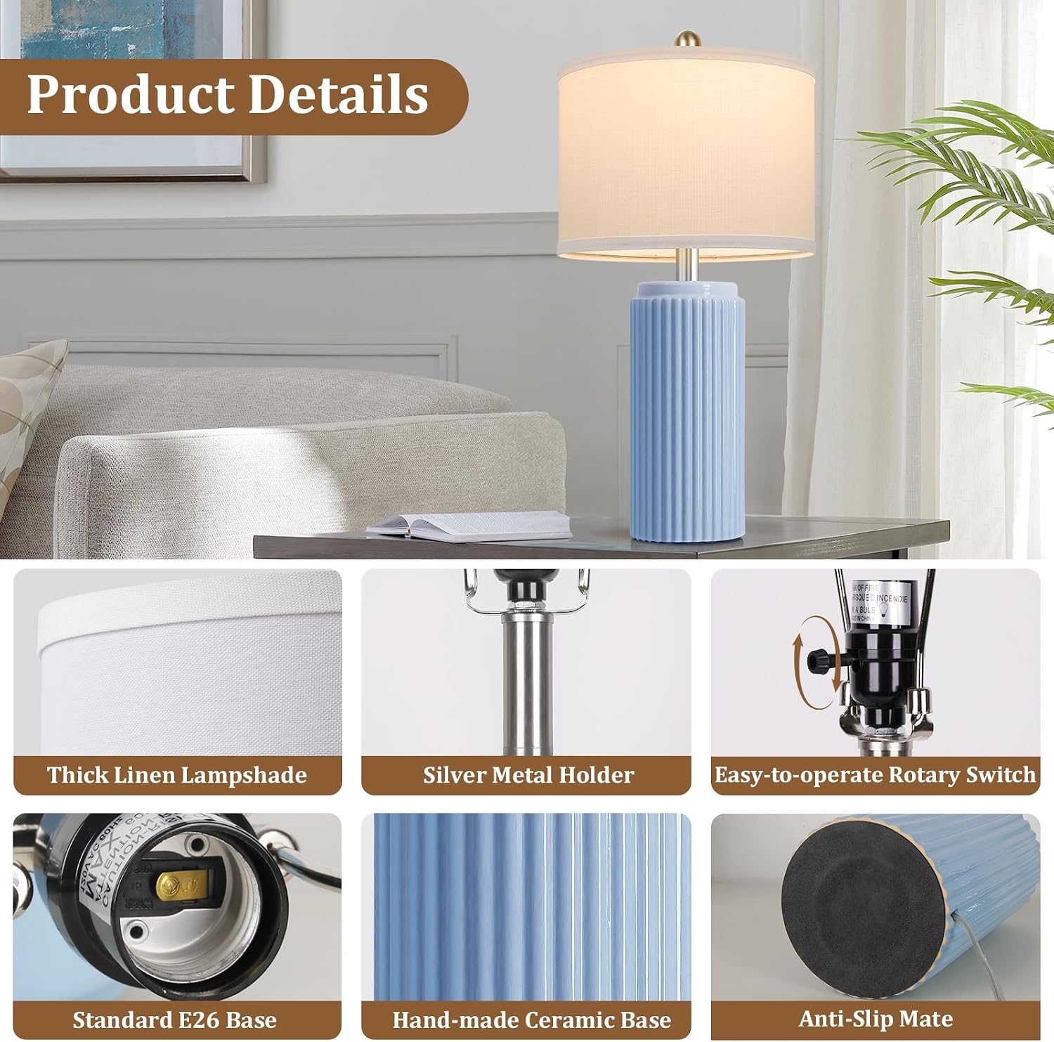 Tobusa 23.5’’ Sky Blue Farmhouse Table Lamps for Living Room Set of 2, Modern Elegant Ceramic Bedside Nightstand Lamps with White Linen Sha…