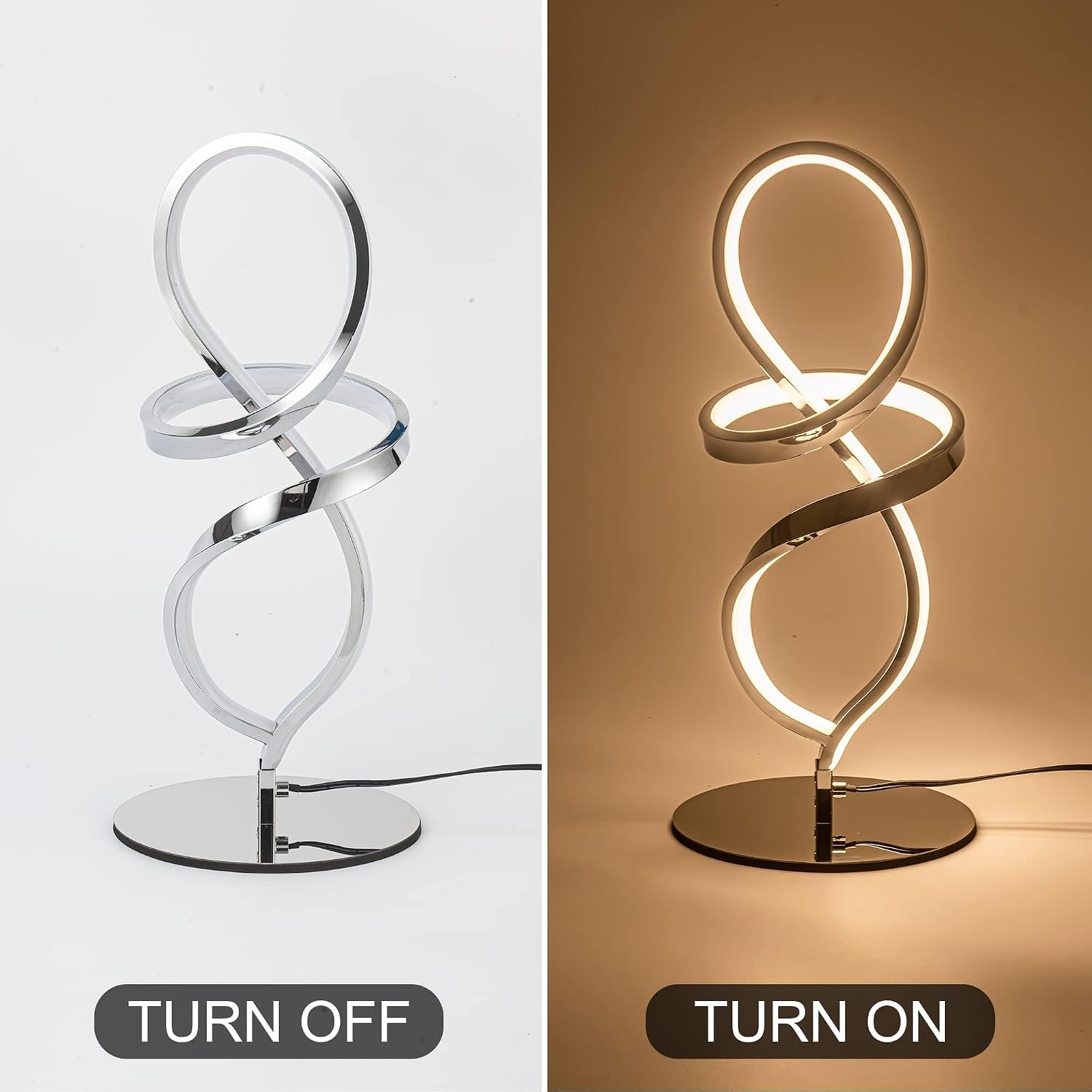 Mayful Modern Table Lamp with LED Unique Spiral Design, Small Nightstand Lamp with Stepless Dimming Switch, Chrome Bedside Lamps for…