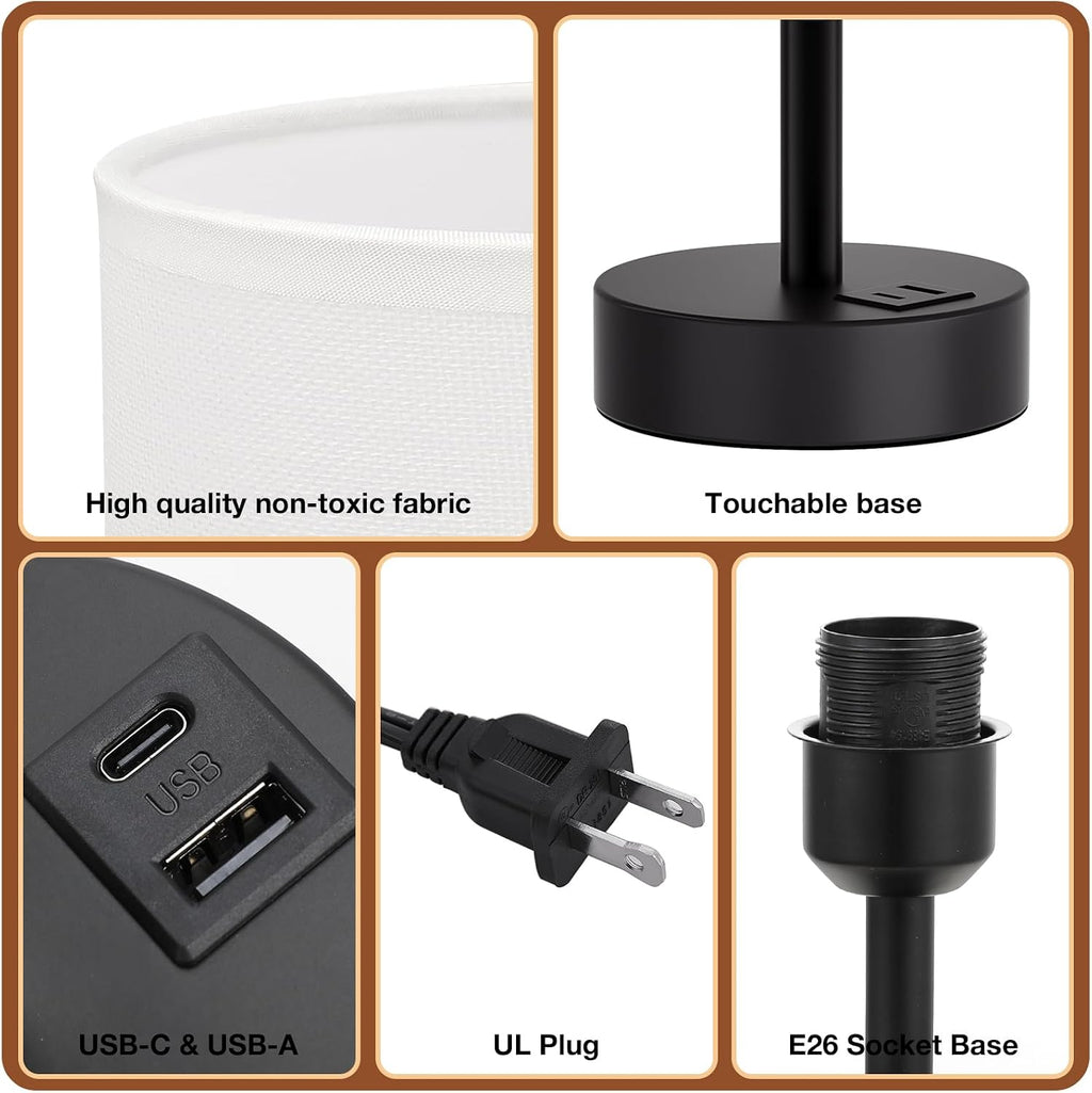 Dicoool White Touch Table Lamp with USB - 3 Way Dimmable Bedside Lamp for Nightstand, Bedroom Lamp with Black Charging Station for Desk…