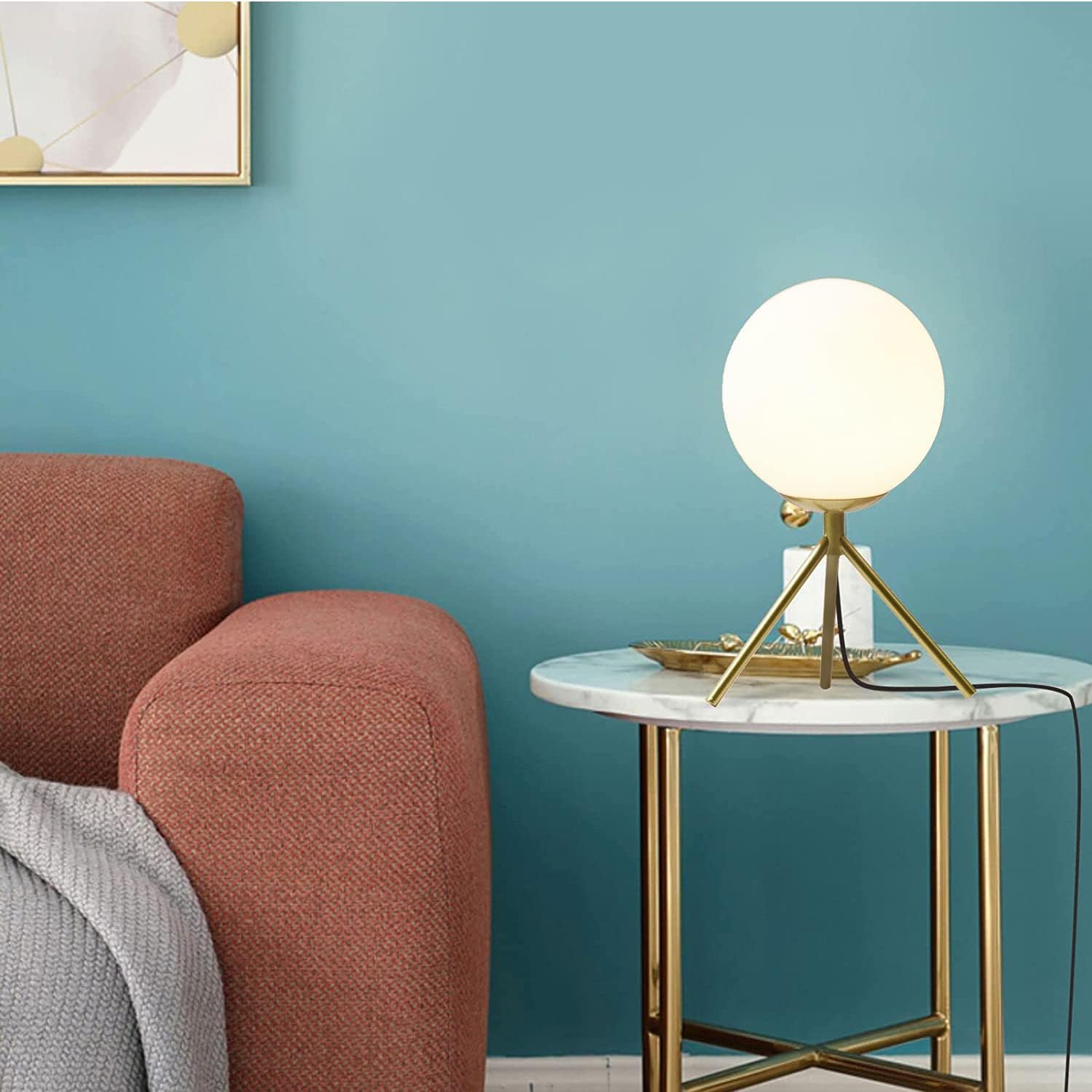 Bokt Mid Century Modern Table Lamp - Gold Glass Globe Desk Reading Lamp - Contemporary Minimalist Brushed Brass Bedside Desk Nightstand Ind…