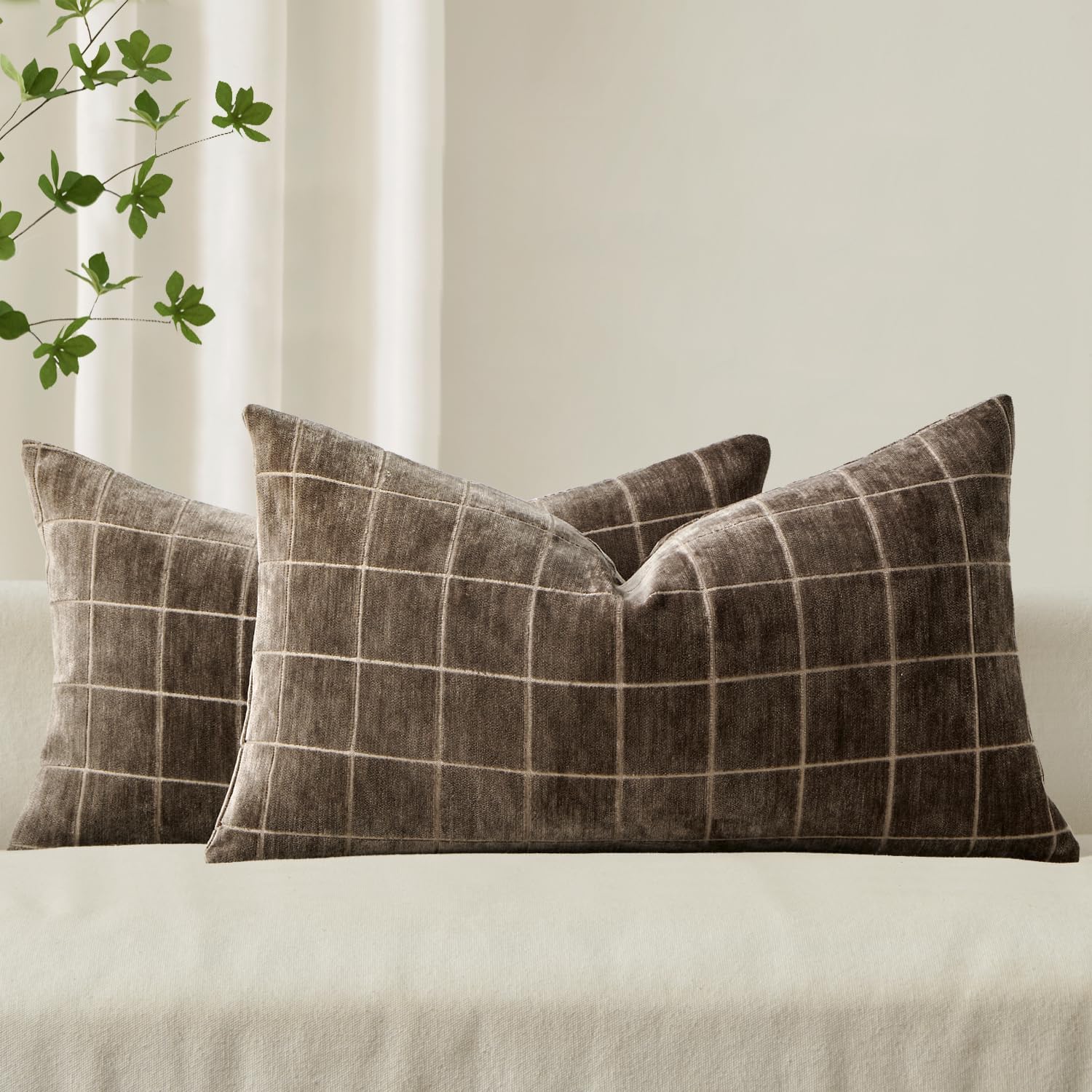 Miulee Decorative Chenille Check Lumbar Throw Pillow Covers Vintage Plaid Couch Pillows 12x20 Inch Set of 2 Neutral Boho Farmhouse Cushion…