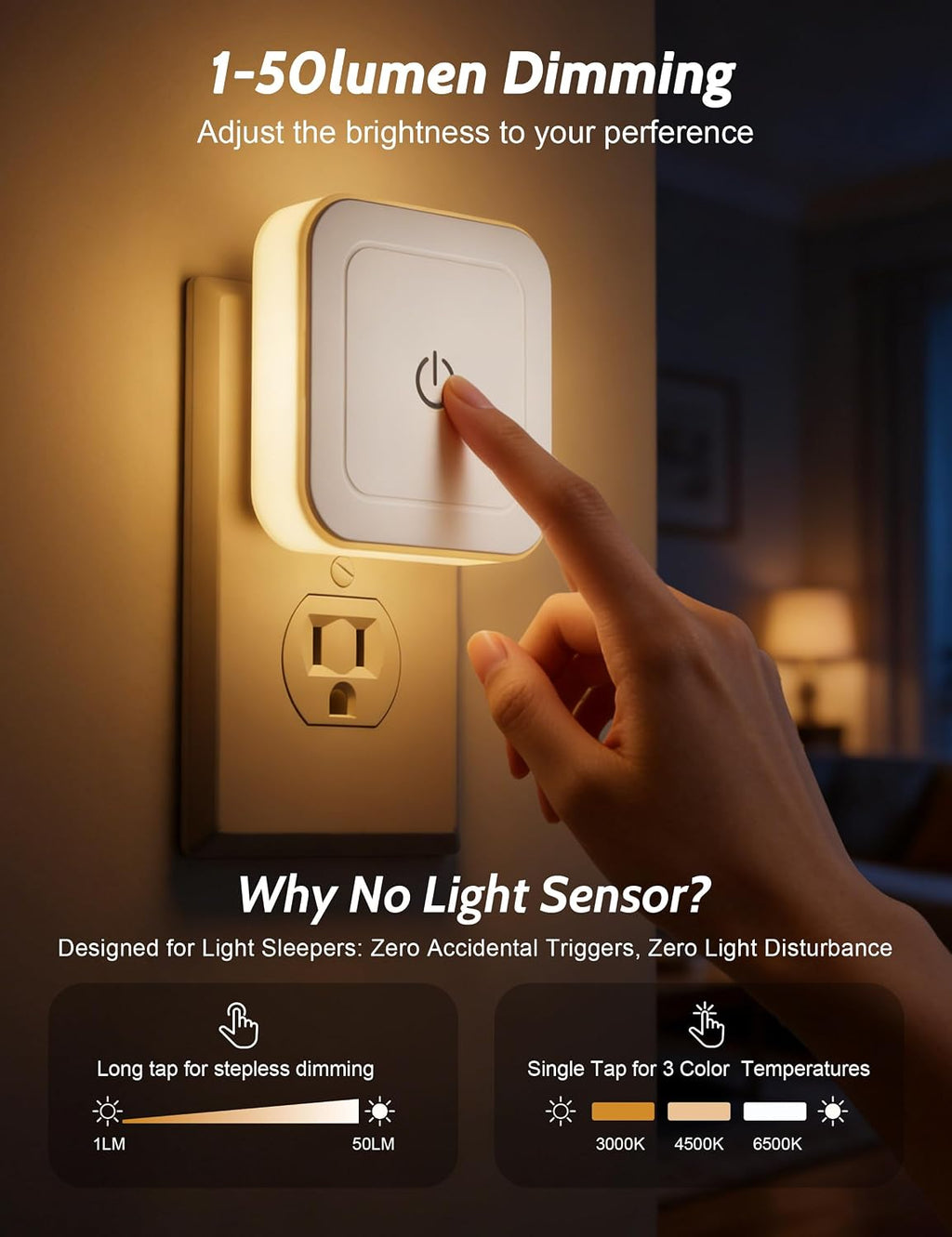 Sujeet Modern Night Light, 1-50LM Stepless Dimming LED Night Light with 3CCT (3000K/4500K/6500K), Night Lights Plug into Wall Night Light f…