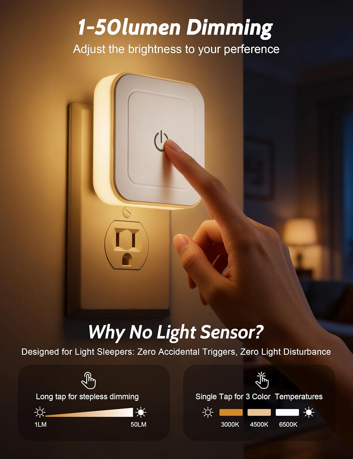 Sujeet Night Light, 4 Pack 1-50LM Stepless Dimming LED Night Light with 3CCT (3000K/4500K/6500K), Night Lights Plug into Wall for Adults, B…