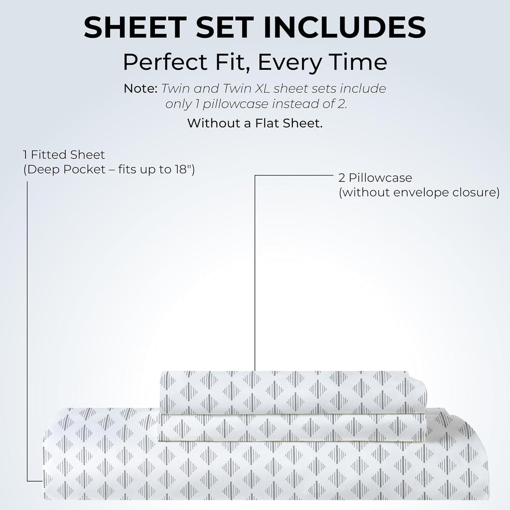 King Size Fitted Sheet with 18" Deep Pockets, No Flat - Percale Weave Natural - Breathable 100% Cotton Printed Bedding, 1 Fitted Sheet +…