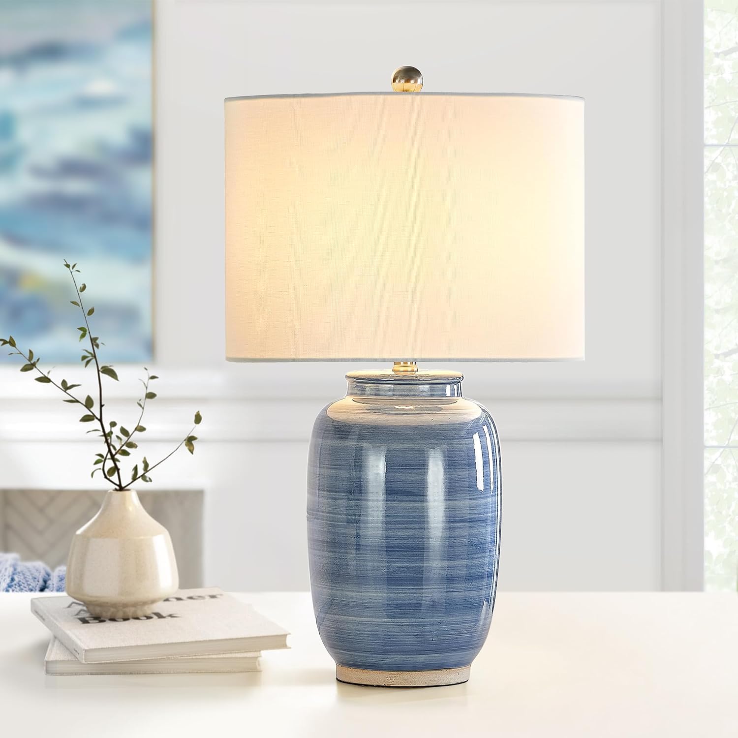Maxax 25" Blue Table Lamp for Living Room, Modern Ceramic Lamp with White Shade, Coastal Blue Bedside Nightstand Lamp for Bedroom Home…