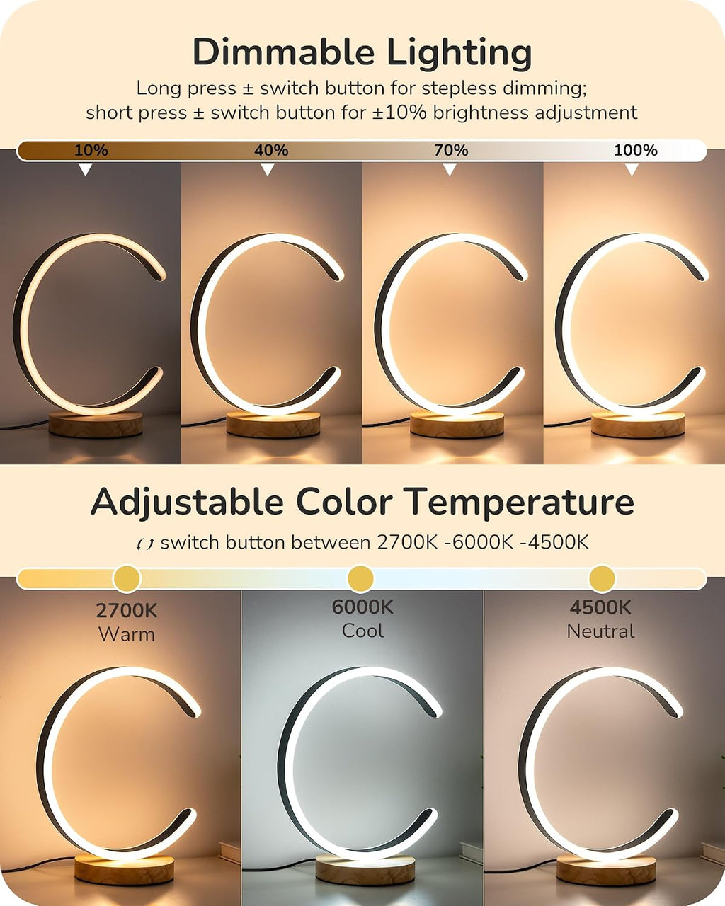 EDISHINE LED Table Lamp, C-Shaped Modern Lamps for Nightstand with 3 Color Temperature & Dimming, Upgraded Switch, Silicone Lampshade &…