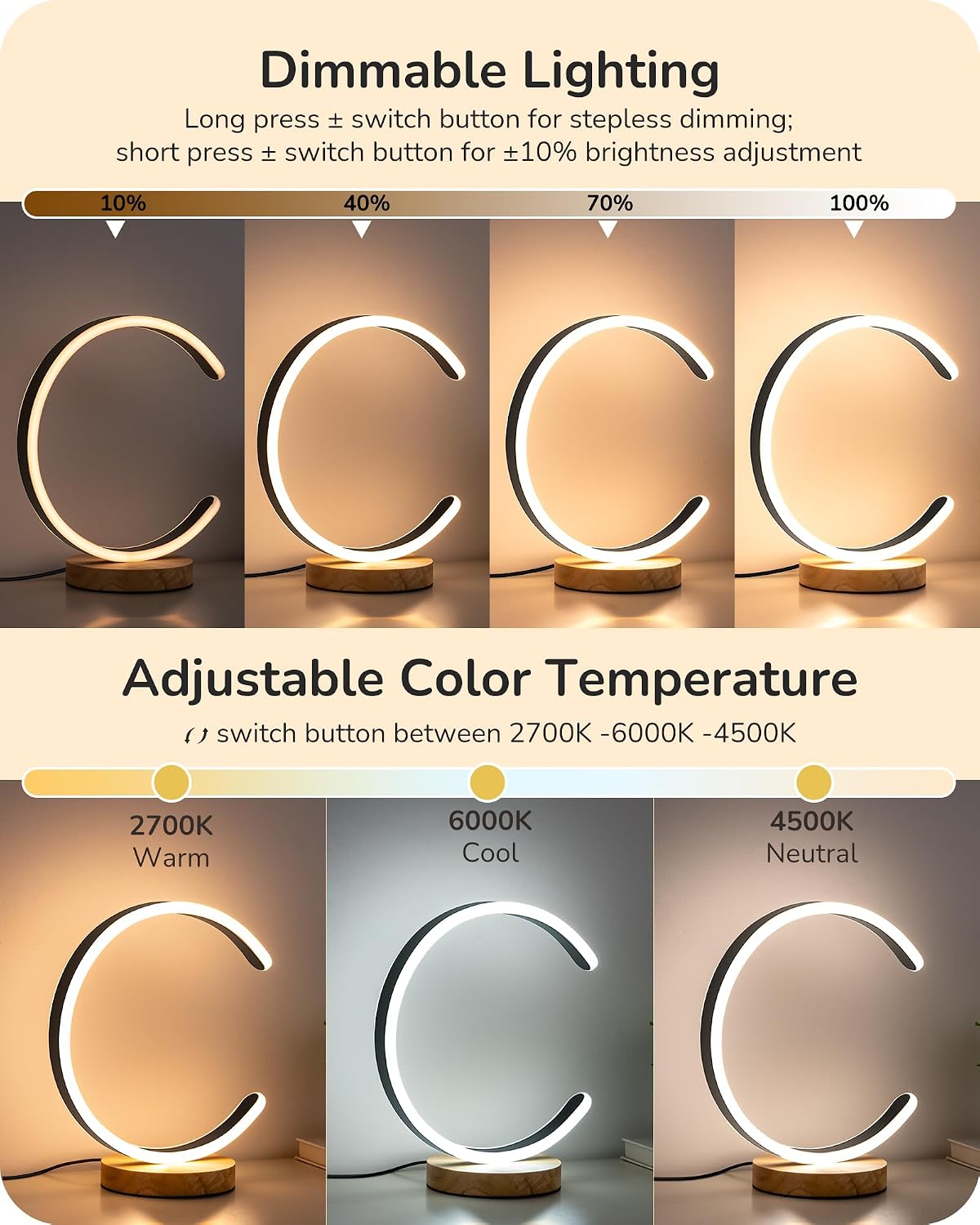 EDISHINE LED Table Lamp, C-Shaped Modern Lamps for Nightstand with 3 Color Temperature & Dimming, Upgraded Switch, Silicone Lampshade &…