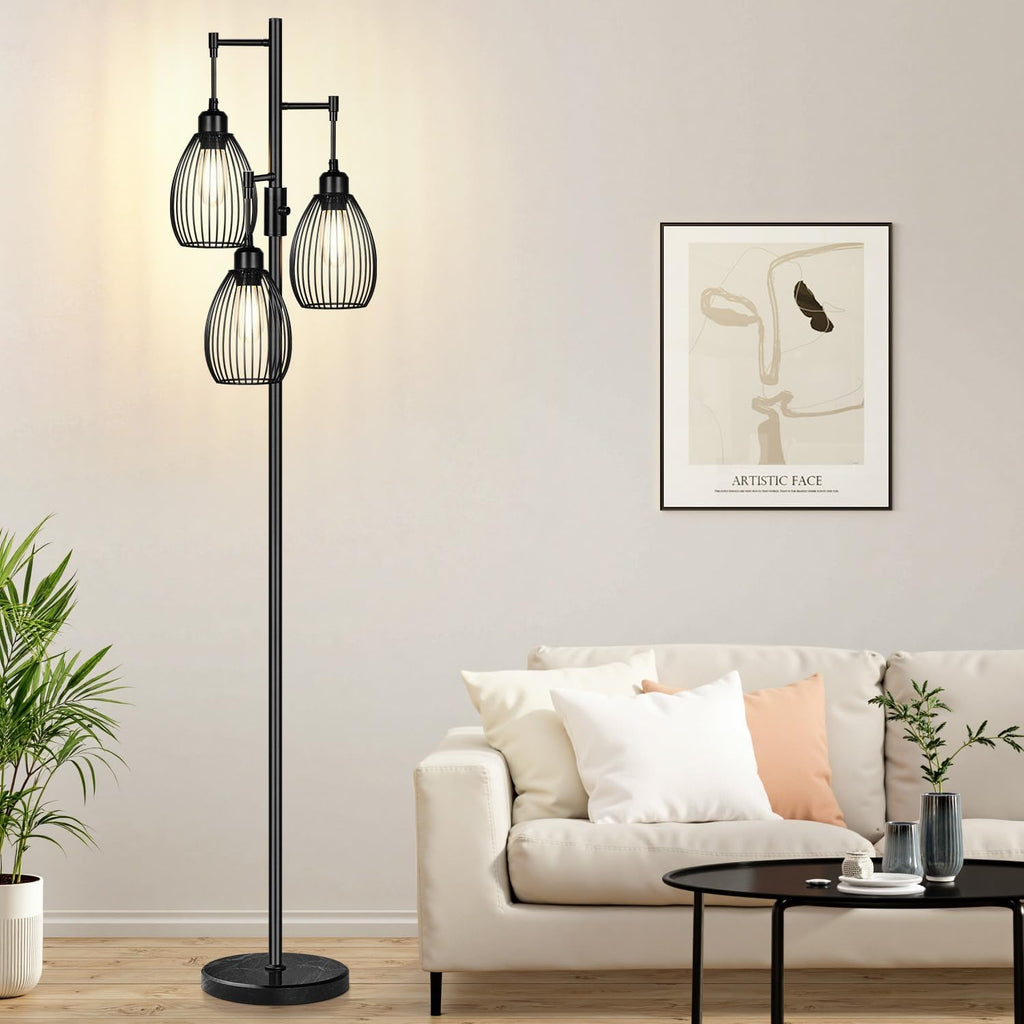 Dimmable Floor Lamp,3x800LM LED Bulbs Included, Farmhouse Industrial Floor Lamp Standing Tree Lamp with Teardrop Cage Head Tall Lamp for…