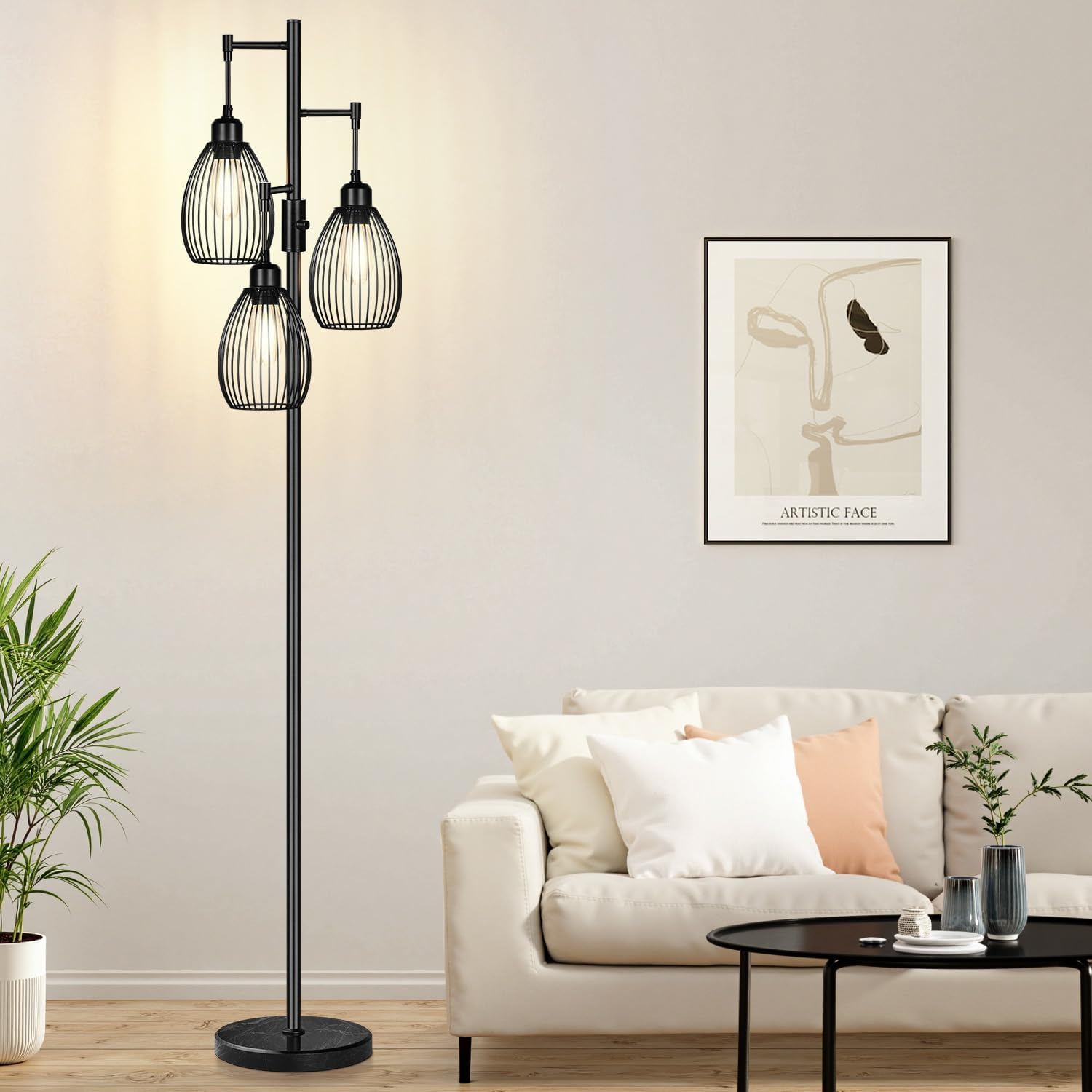 Dimmable Floor Lamp,3x800LM LED Bulbs Included, Farmhouse Industrial Floor Lamp Standing Tree Lamp with Teardrop Cage Head Tall Lamp for…