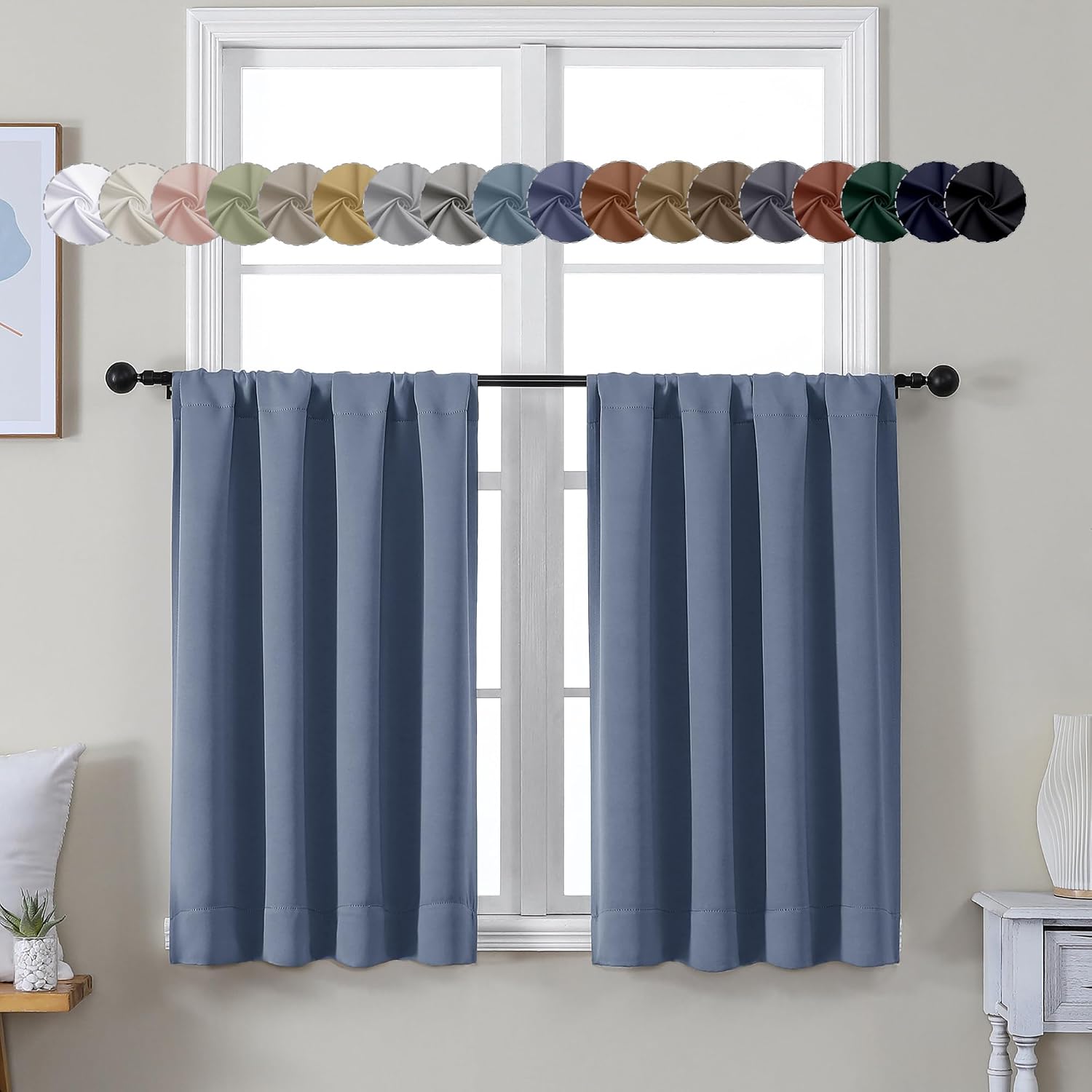 Simplebrand Ava Denim Blue Short 36 Inches Blackout Curtain 2 Panels Set, Half Window Rod Pocket Privacy Curtain Tiers for Kitchen, Curtain…