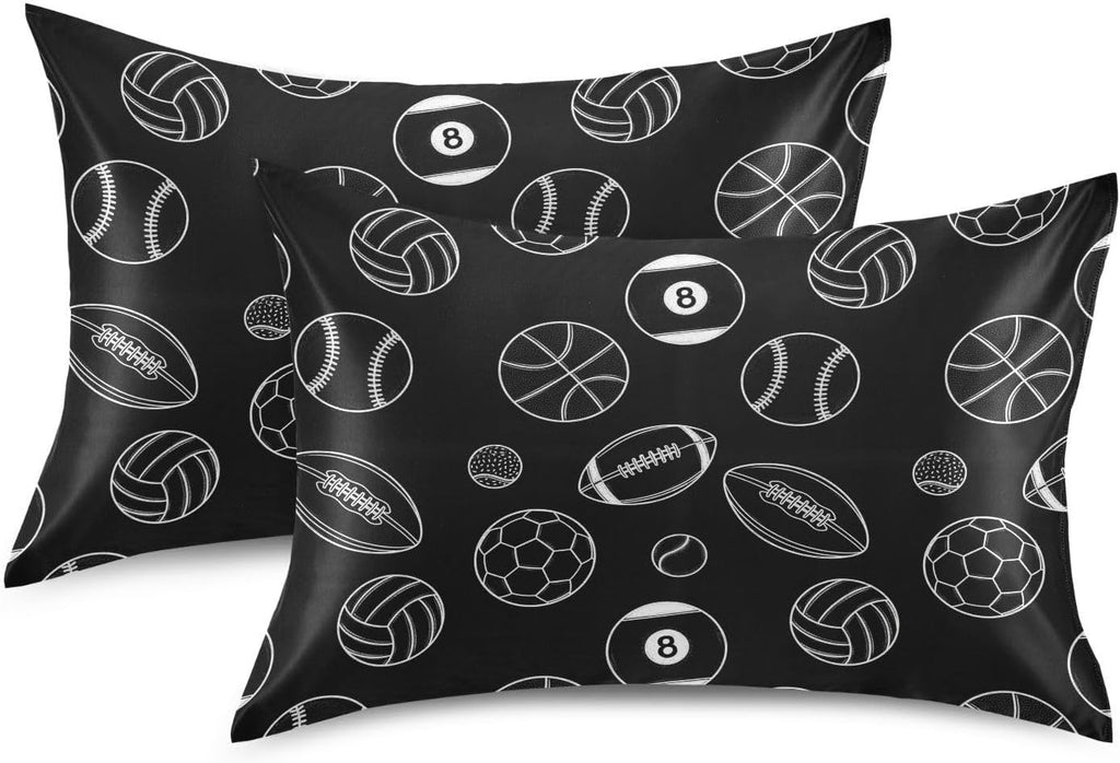 Soccer Balls Black Pillow Covers Silk Pillowcase for Hair and Skin Soft Breathable Smooth Cooling Satin Pillowcase King Size Pillow Case…