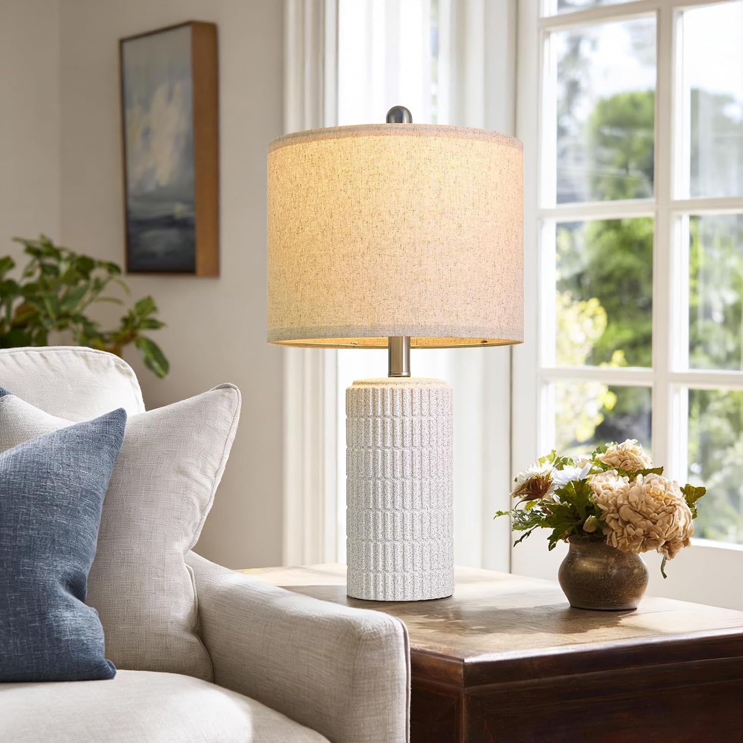 PoKat 20.75" Stone-Like Farmhouse Ceramic Table Lamps Set of 2 for Bedroom, White Bedside Lamps for Night Stands, Matte-Textured Decor…