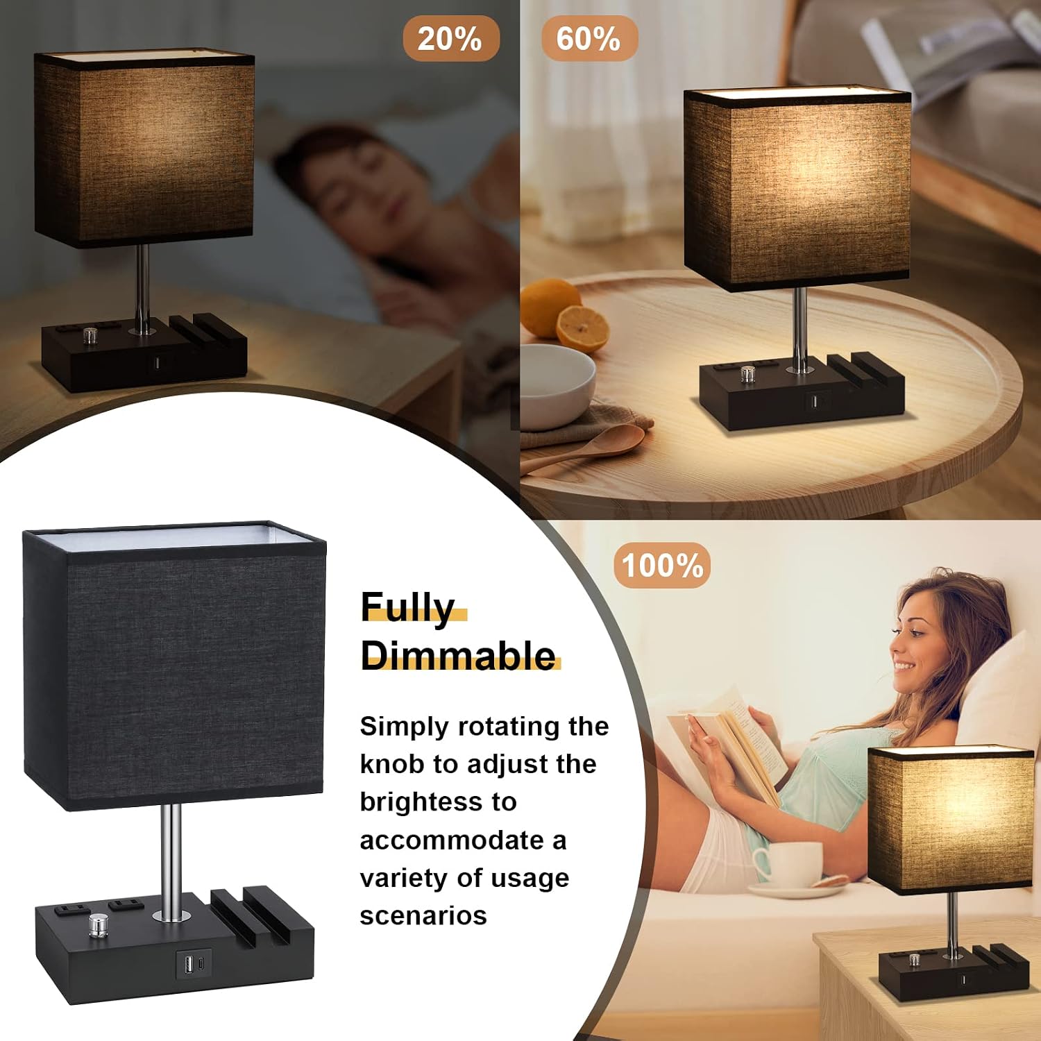 Kakanuo Table Lamp for Bedroom with Dual USB Ports, Fully Dimmable Black Bedside Lamp with Phone Stands and 2 Charging Outlets, Desk Lamp…