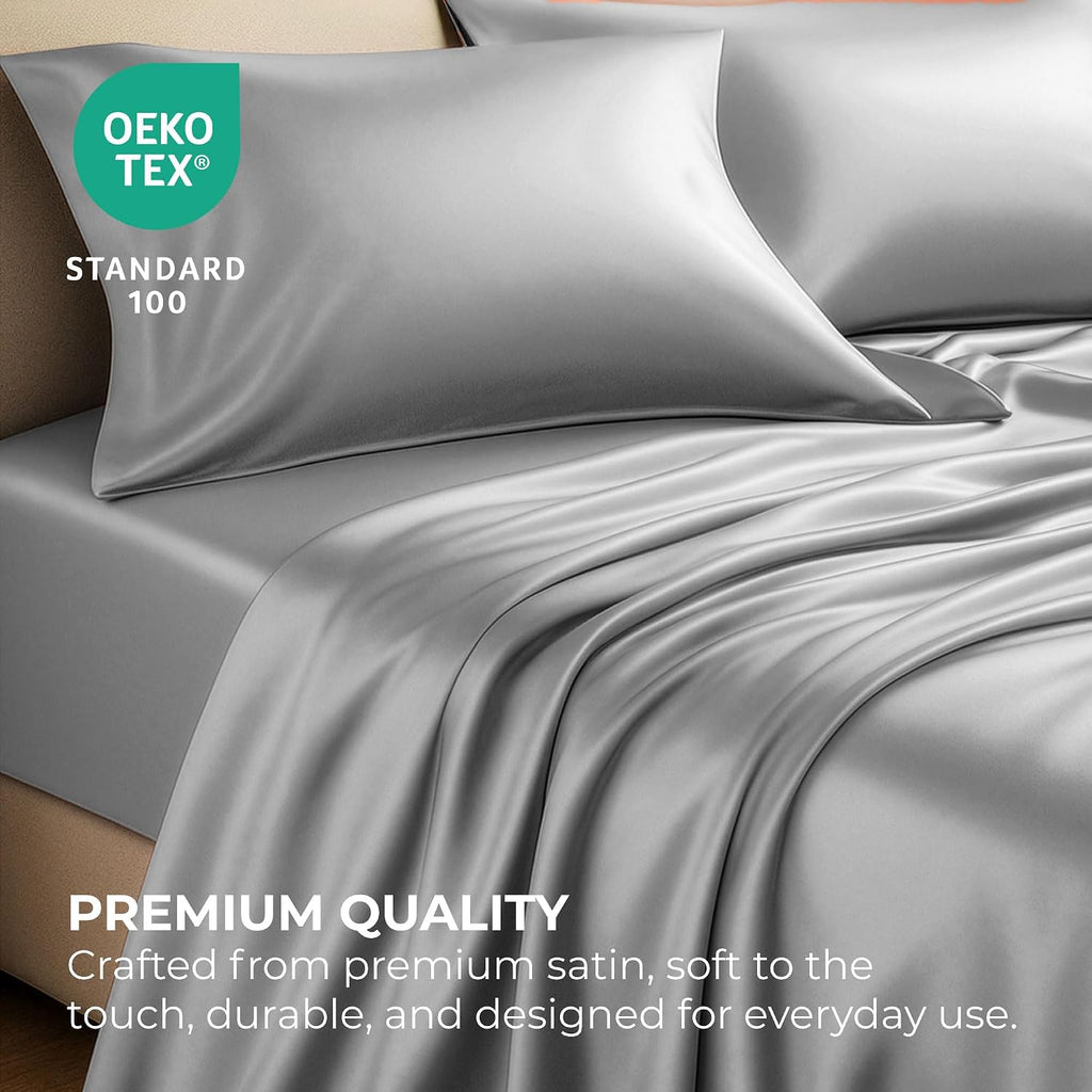 PureBedding Satin Sheets Full [4-Piece, Grey] Hotel Luxury Silky Bed Sheets - Extra Soft 1800 Microfiber Sheet Set, Wrinkle, Fade, Stain Re…
