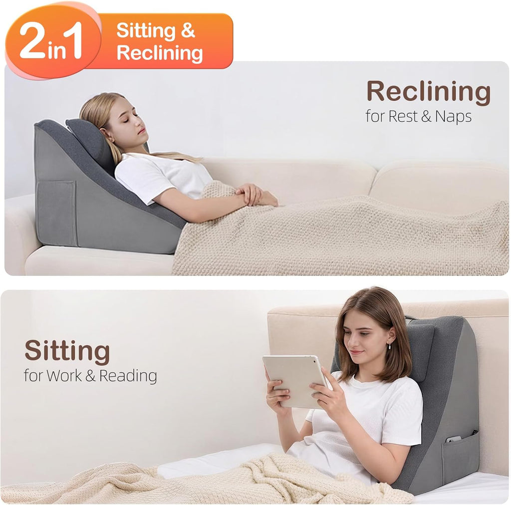 Vekkia 21” Extra-Wide Back Pillow with Adjustable Headrest – 2 in 1 Ergonomic Dual-Layer Wedge Backrest for Sitting or Reclining – Adults…