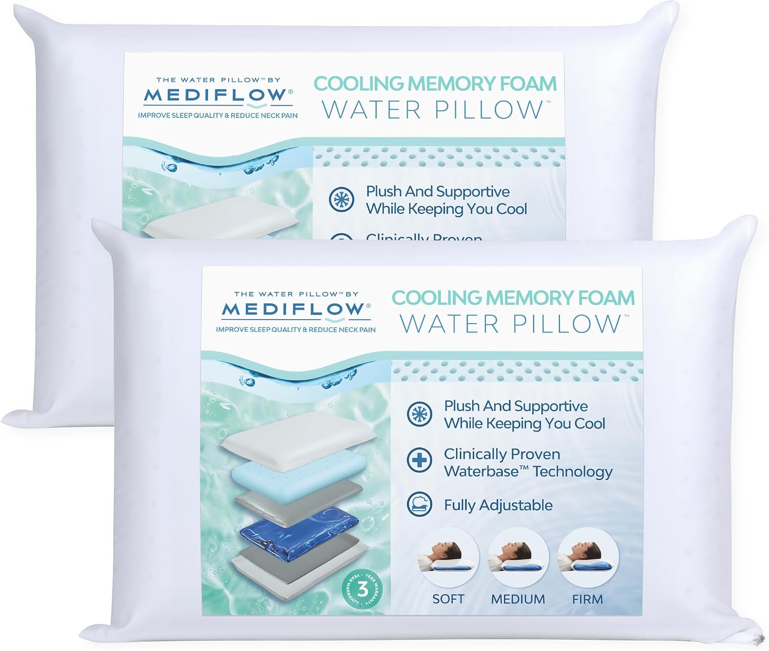 TheWaterPillowbyMediflow Mediflow Cooling Gel Memory Foam Water Pillow - Adjustable Pillow for Neck, Pillow for Side, Back, and Stomach Sl…