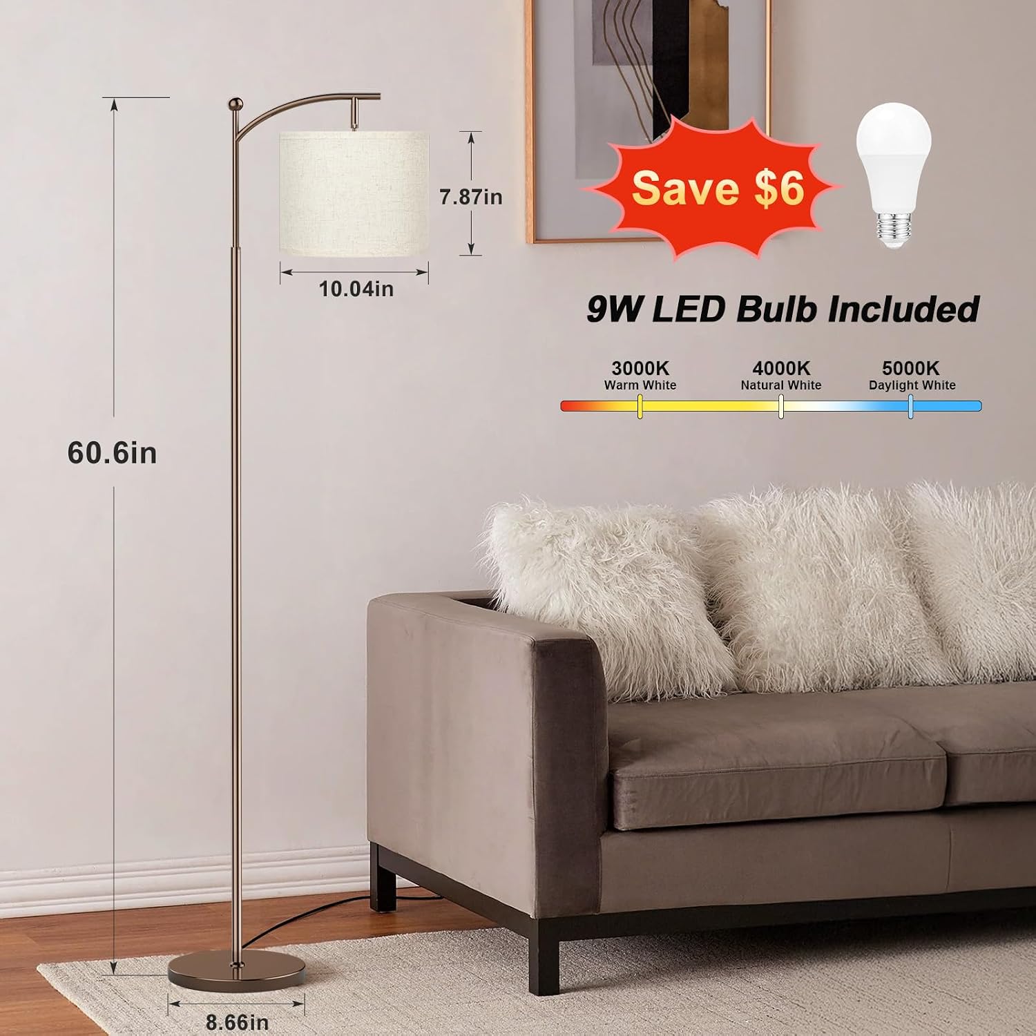 Ambimall 60" Floor Lamp for Living Room with 3 Color Temperatures, Adjustable Beige Shade with Brown Pole, Tall Lamp for Bedroom Office…
