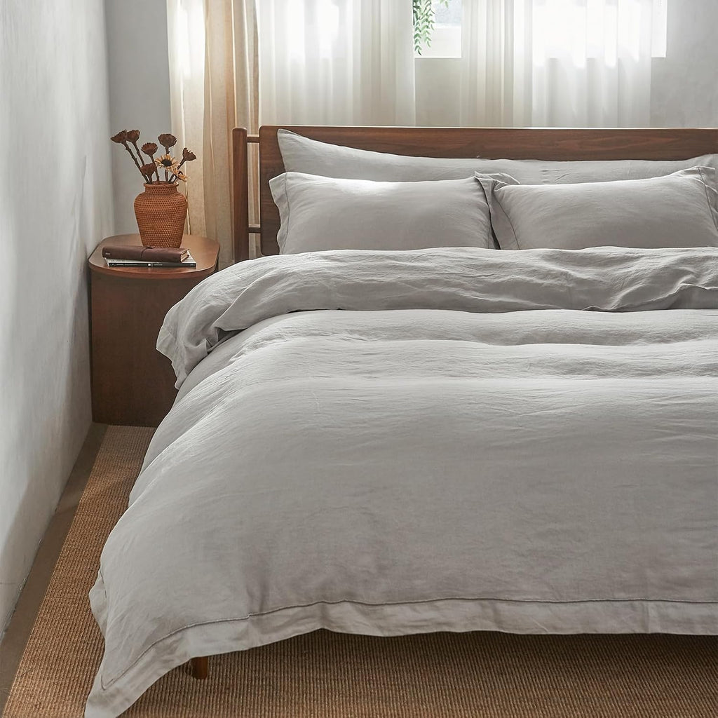 Simple&Opulence 100% Washed Linen Duvet Cover with Embroidered, 3 Pieces Soft Farmhouse Comforter Set with Button Closure,1…