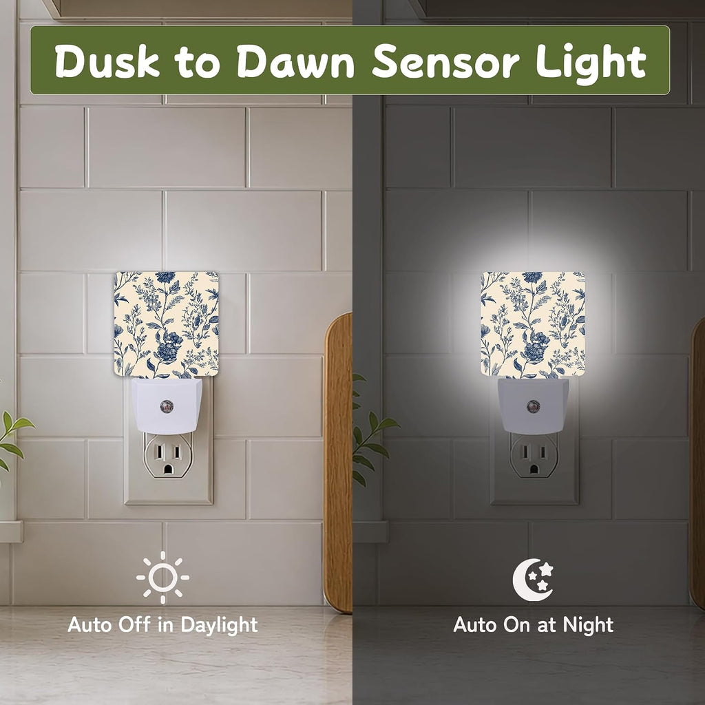 Blue White Toile Birds Night Lights Plug into Wall, Night Light for Bedroom Bathroom Hallway Kitchen, Auto Dusk to Dawn Sensor Decorative…