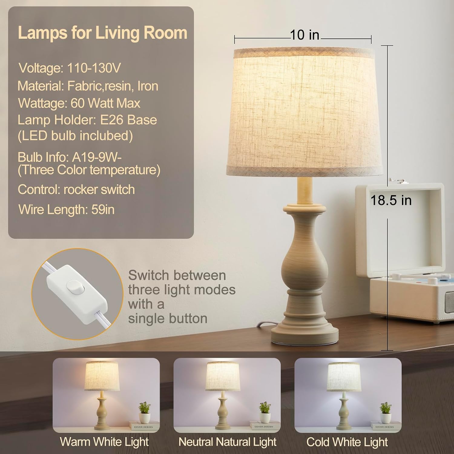 Vintage Table Lamp for Living Room Bedroom, 18.5" Farmhouse Bedside Lamps Nightstand Lamp Set of 2, Table Lamps with Oatmeal Linen Lamp…