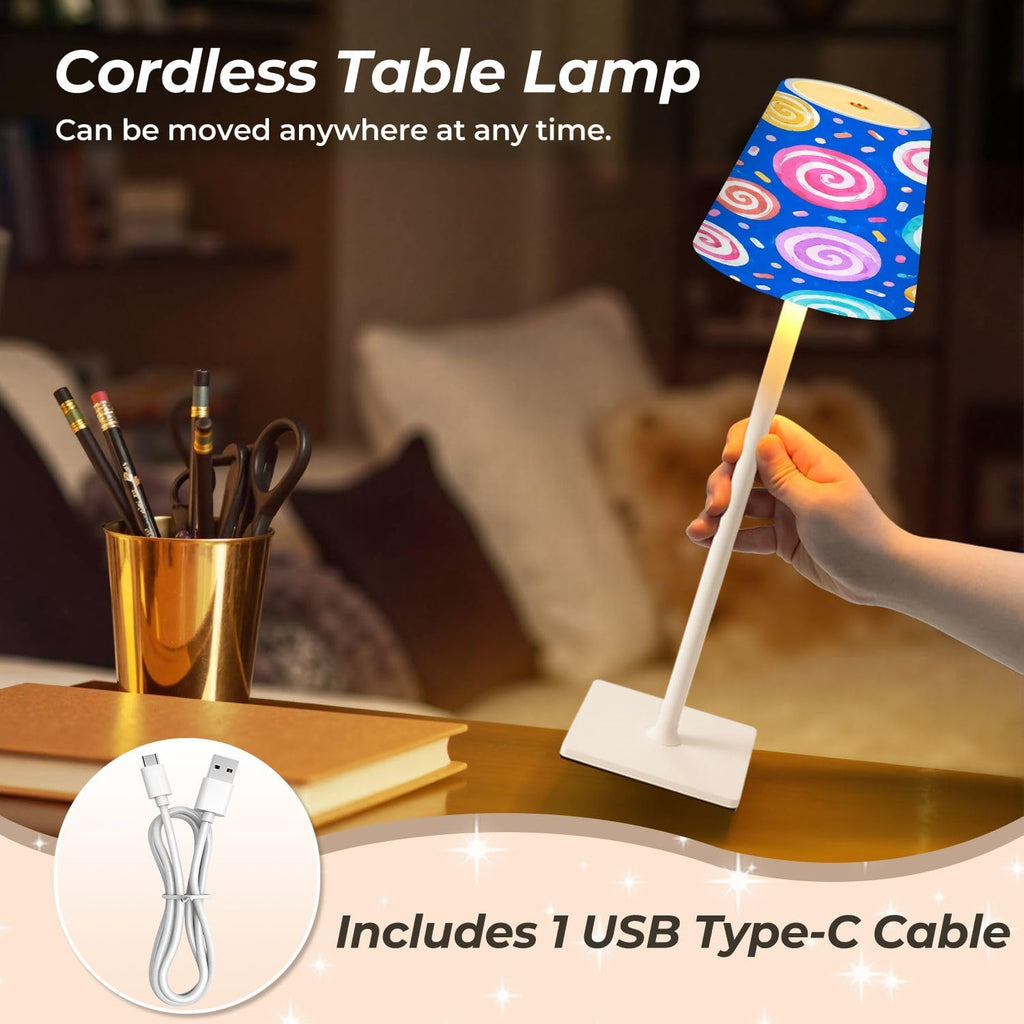 Cordless Mahjong Lamp Colorful Swirl Candy Pastel Spirals Confetti Bright Blue Small LED Lamp 3 Color Dimmable Rechargeable Lamps for Mah…