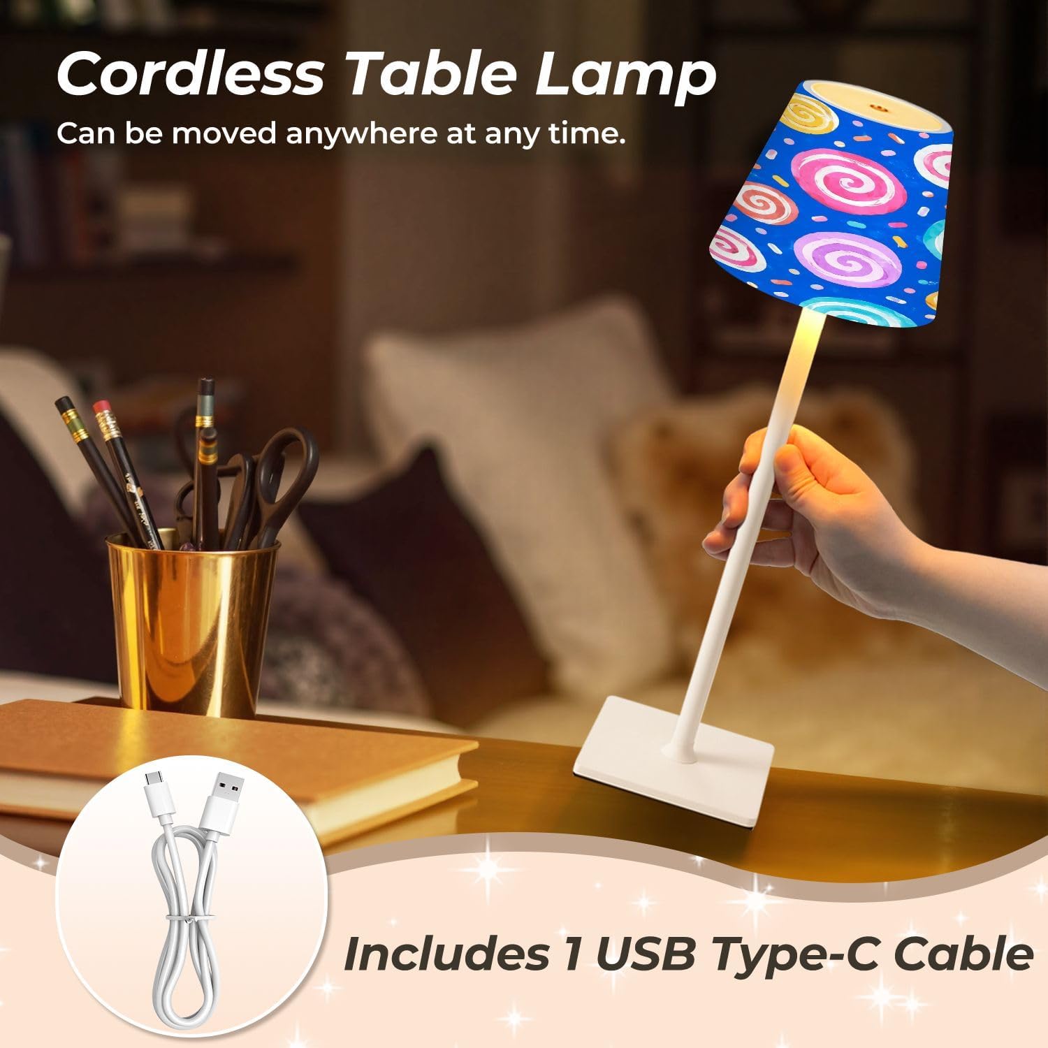 Cordless Mahjong Lamp Colorful Swirl Candy Pastel Spirals Confetti Bright Blue Small LED Lamp 3 Color Dimmable Rechargeable Lamps for Mah…