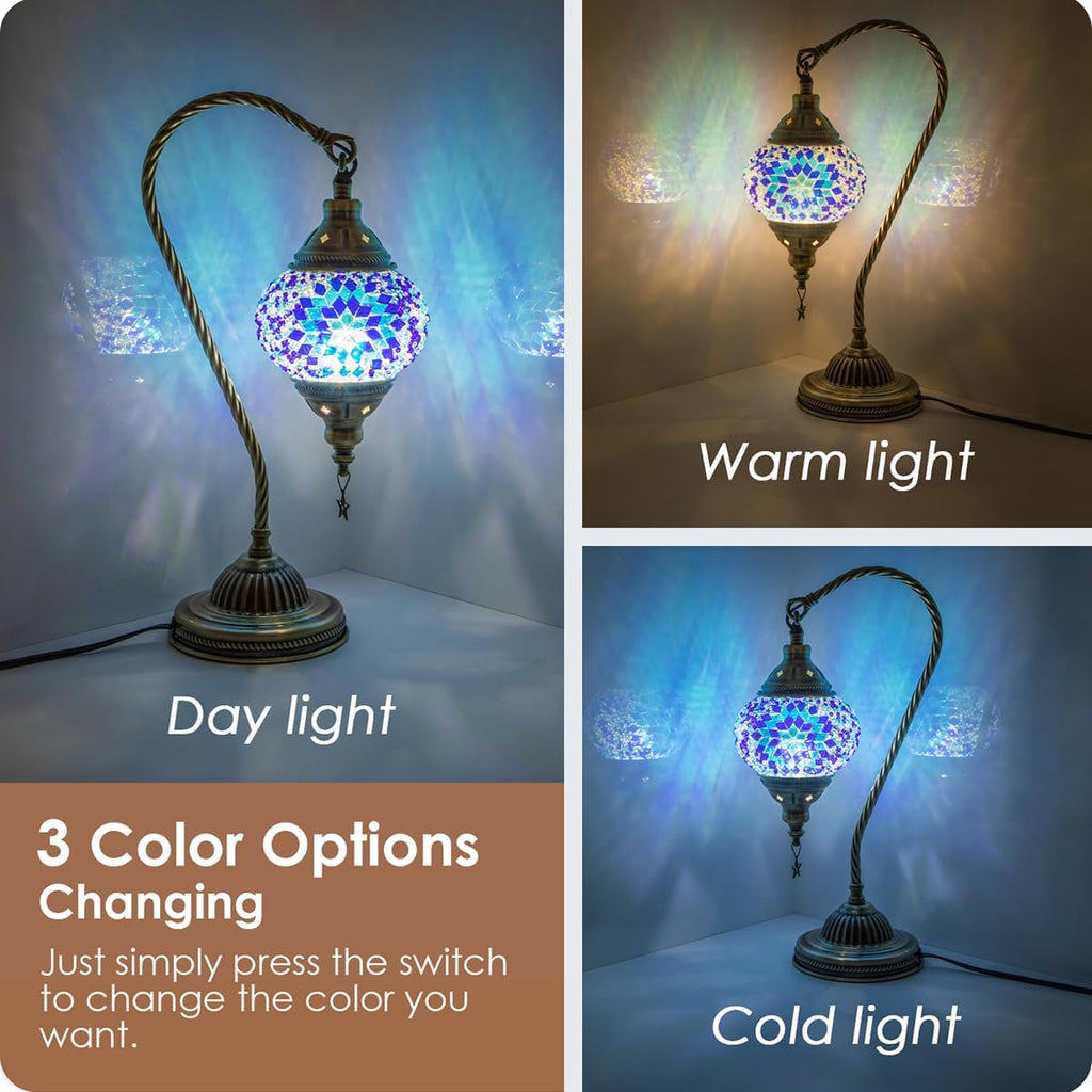 Yarra-Decor Turkish Moroccan Lamp with Bronze Base 3 Color Options Handmade Swan Neck Tiffany Mosaic Glass Bedside Lamps for Bedroom (LED…