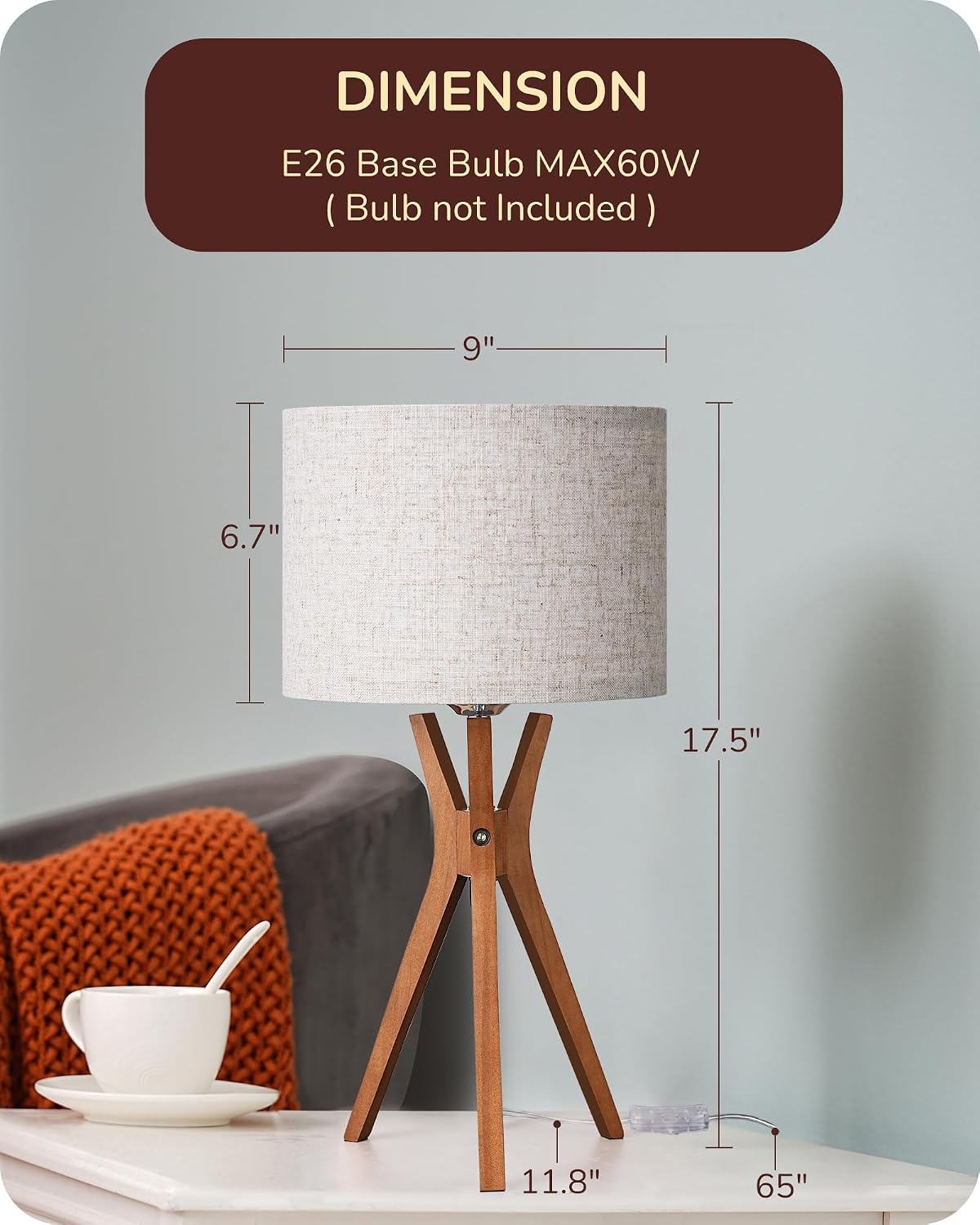 Edishine Mid Century Table Lamp, 17.5" Tripod Bedside Lamp with Deep Wood Color Light Base & Beige Linen Lampshade, Nightstand Lamp for Bed…