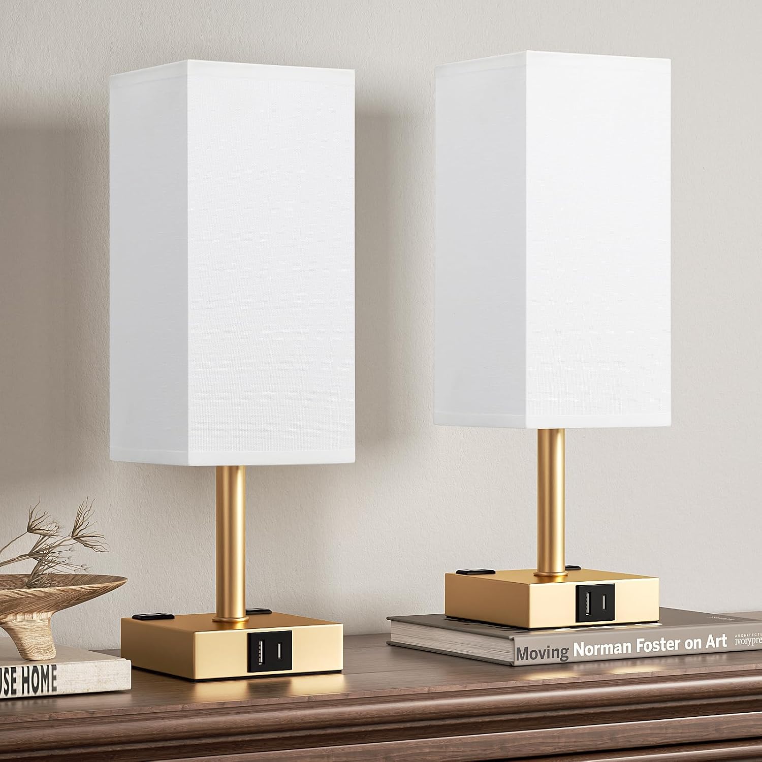 aooshine Gold Base Touch Lamps Set of 2 - Nightstand Lamp with USB-C + A Charge Ports & AC Outlets, 3-Way Dimmable Bedside Lamp, Small…