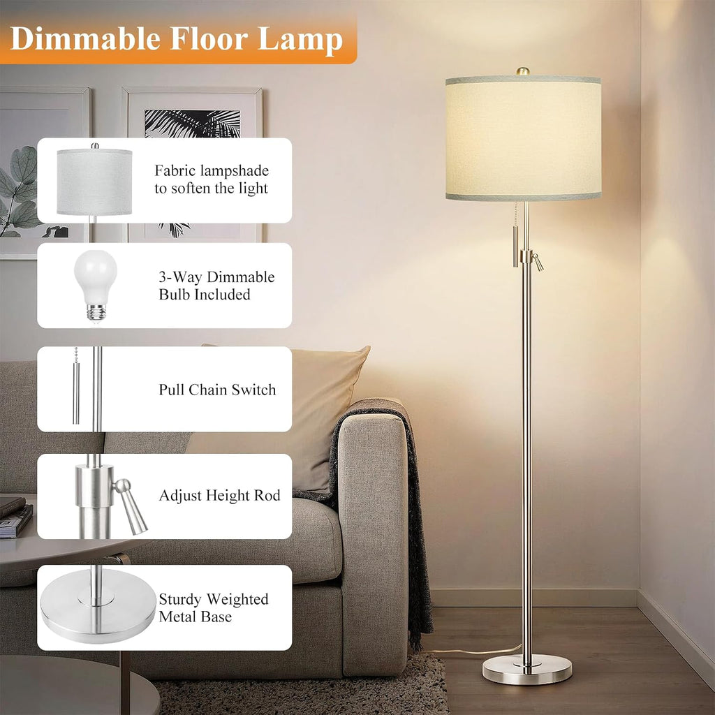 Brushed Nickel Floor Lamp for Living Room, Adjustable Height Standing Lamp with Metal Base, Tall Pole Light with Grey Shade for Bedroom…